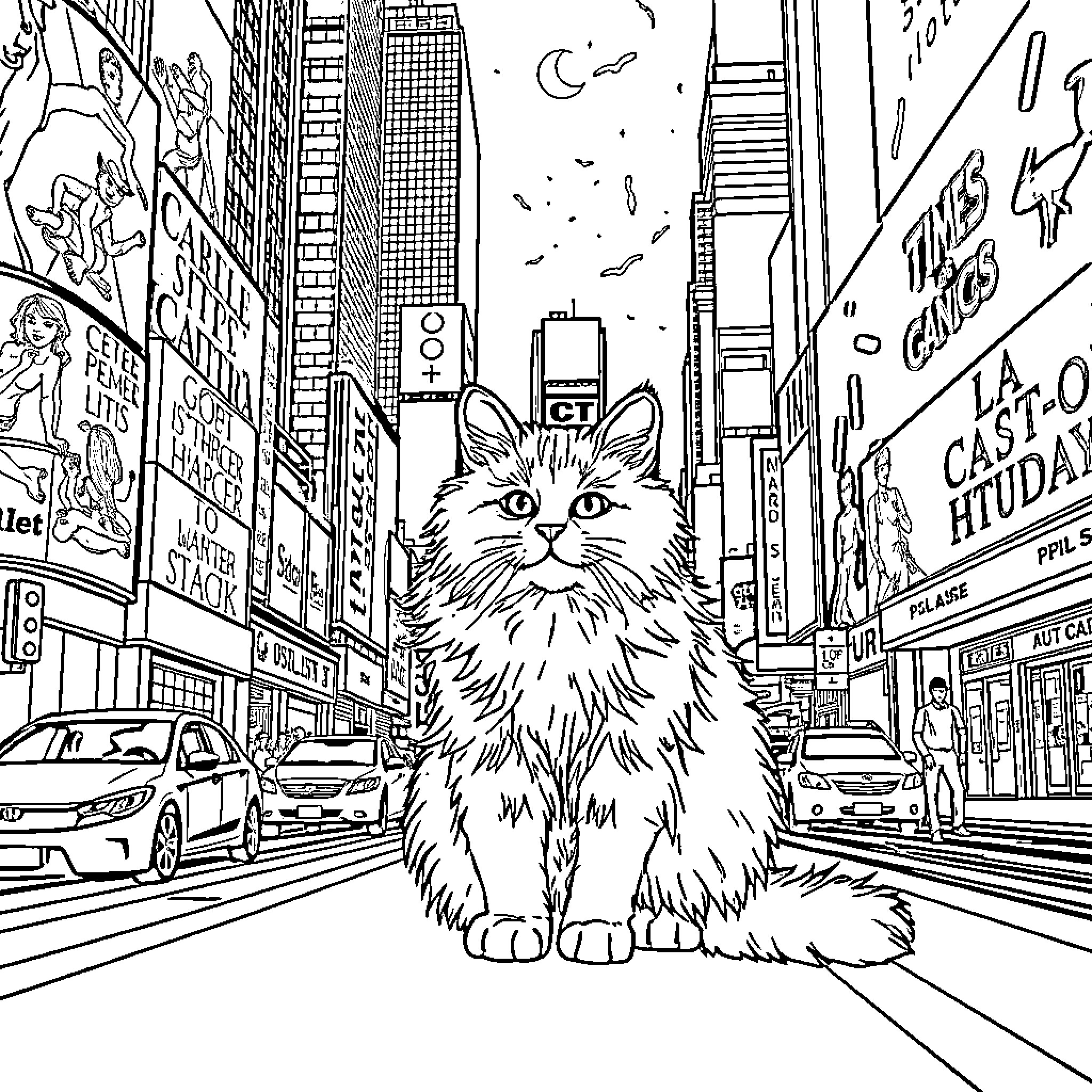 Cat exploring the bustling city streets Coloring Page (free black-and-white line drawing printable PDF for all, from beginners to advanced learners, including children, teens, adults, and seniors)