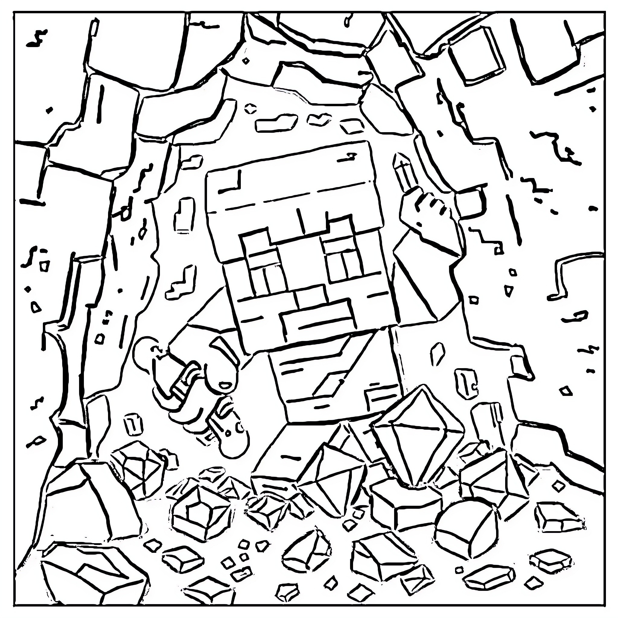 Minecraft Character Exploring Crystalline Landscape Coloring Page (free black-and-white line drawing printable PDF for all, from beginners to advanced learners, including children, teens, adults, and seniors)