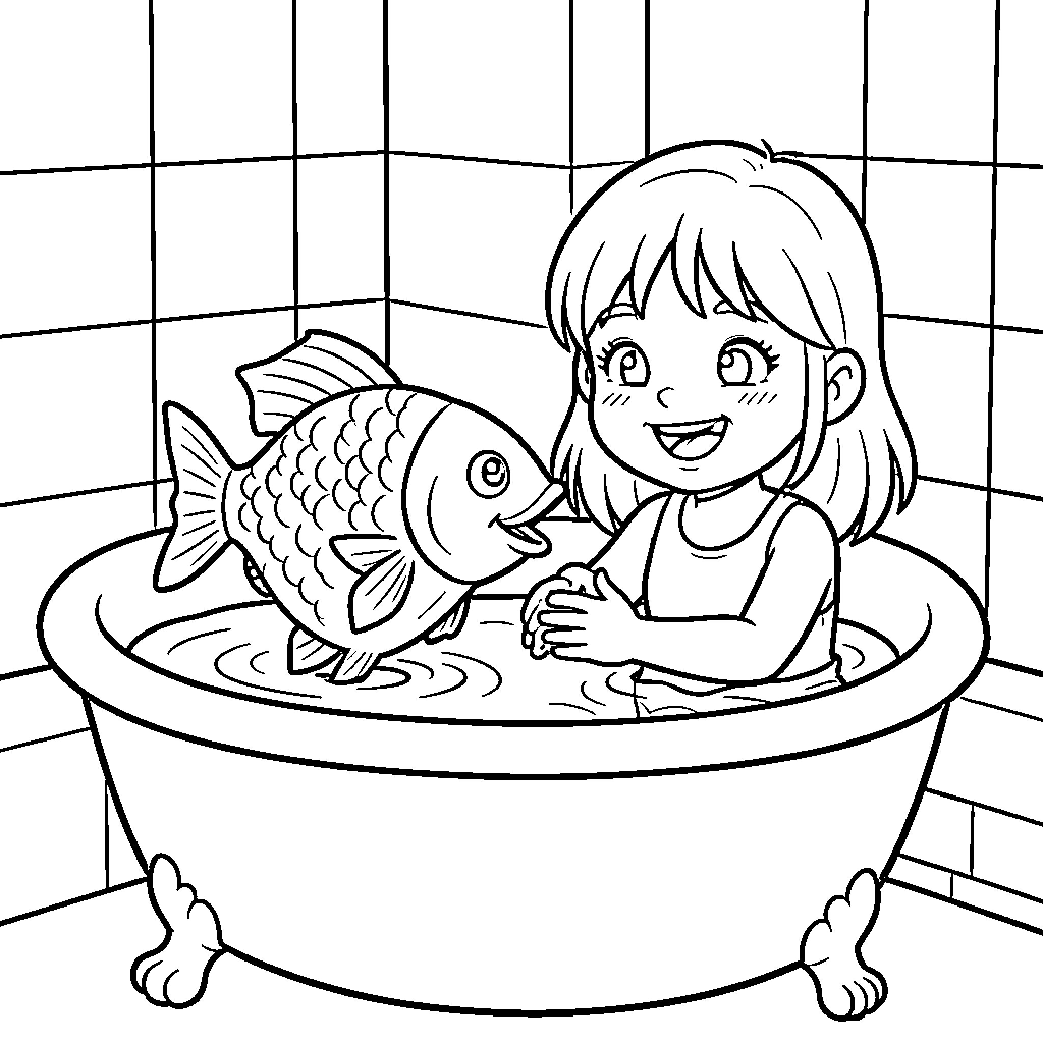 Fish jumping out of a bathtub with a girl Coloring Page (free black-and-white line drawing printable PDF for all, from beginners to advanced learners, including children, teens, adults, and seniors)