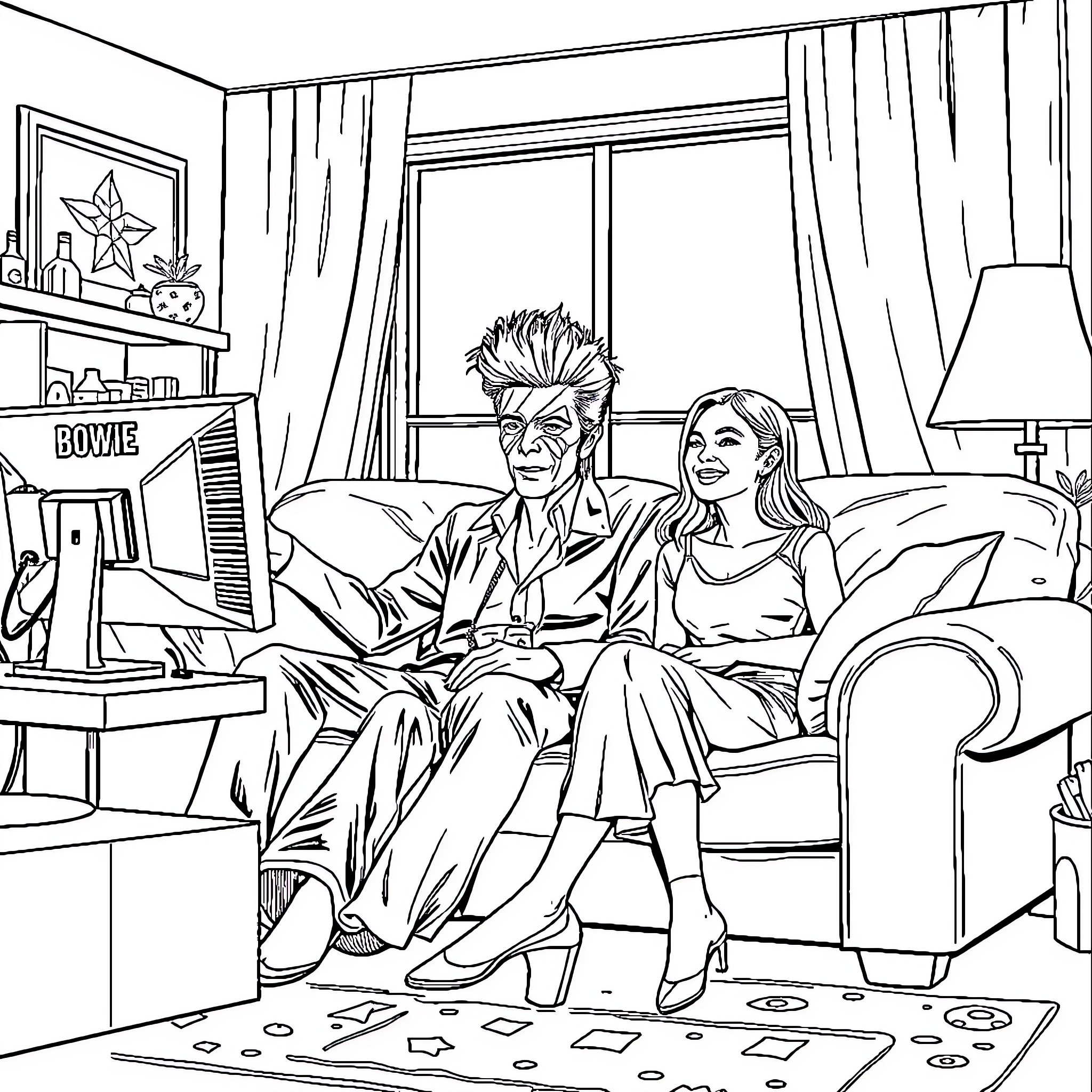 David Bowie Relaxing in Cozy Living Room with Companion Coloring Page (free black-and-white line drawing printable PDF for all, from beginners to advanced learners, including children, teens, adults, and seniors)