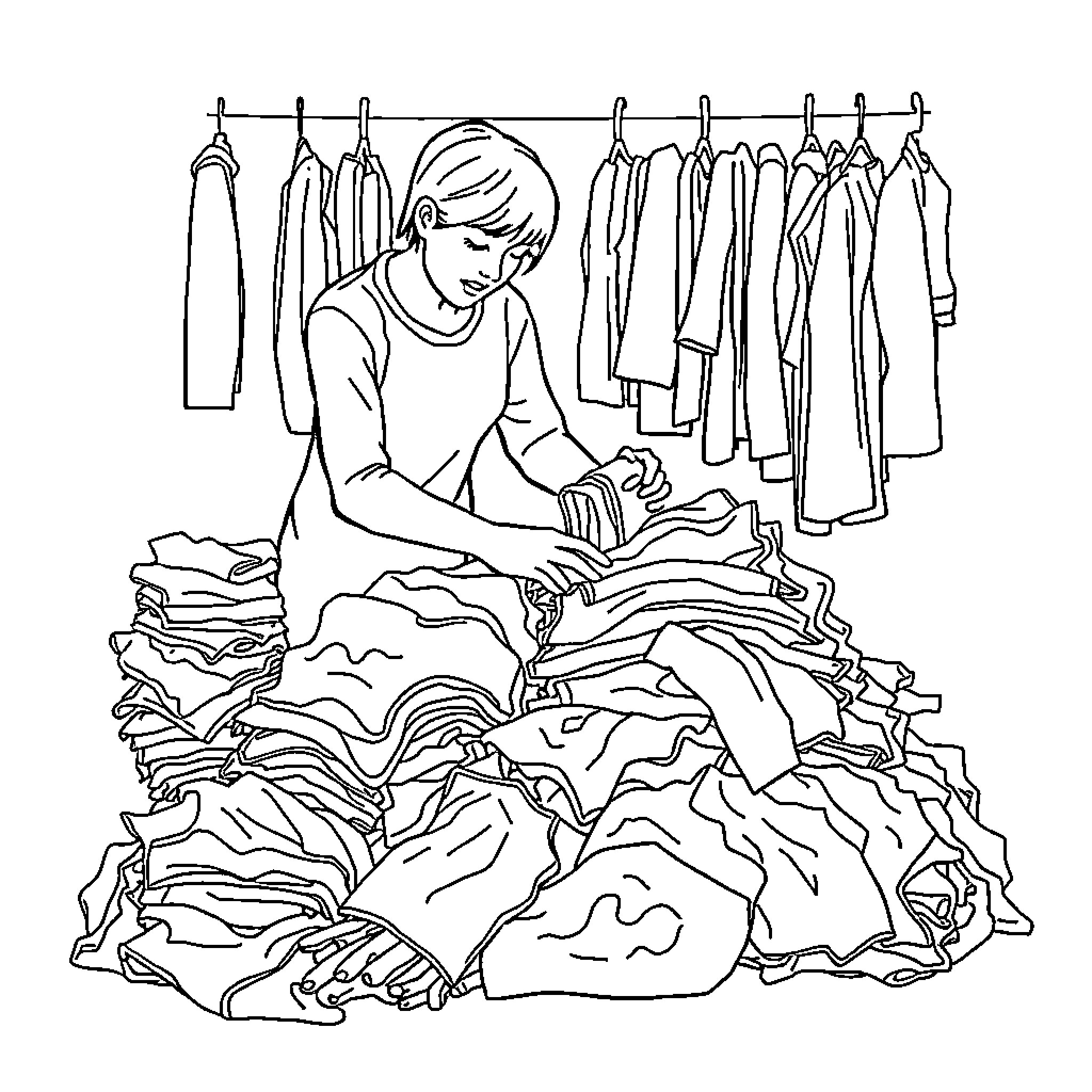 Clothes shopping and organization Coloring Page (free black-and-white line drawing printable PDF for all, from beginners to advanced learners, including children, teens, adults, and seniors)