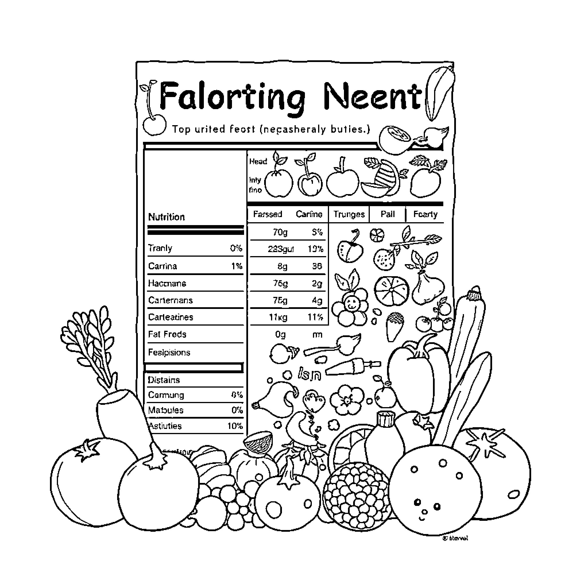 Nutrition-packed Produce in Vibrant Display Coloring Page (free black-and-white line drawing printable PDF for all, from beginners to advanced learners, including children, teens, adults, and seniors)