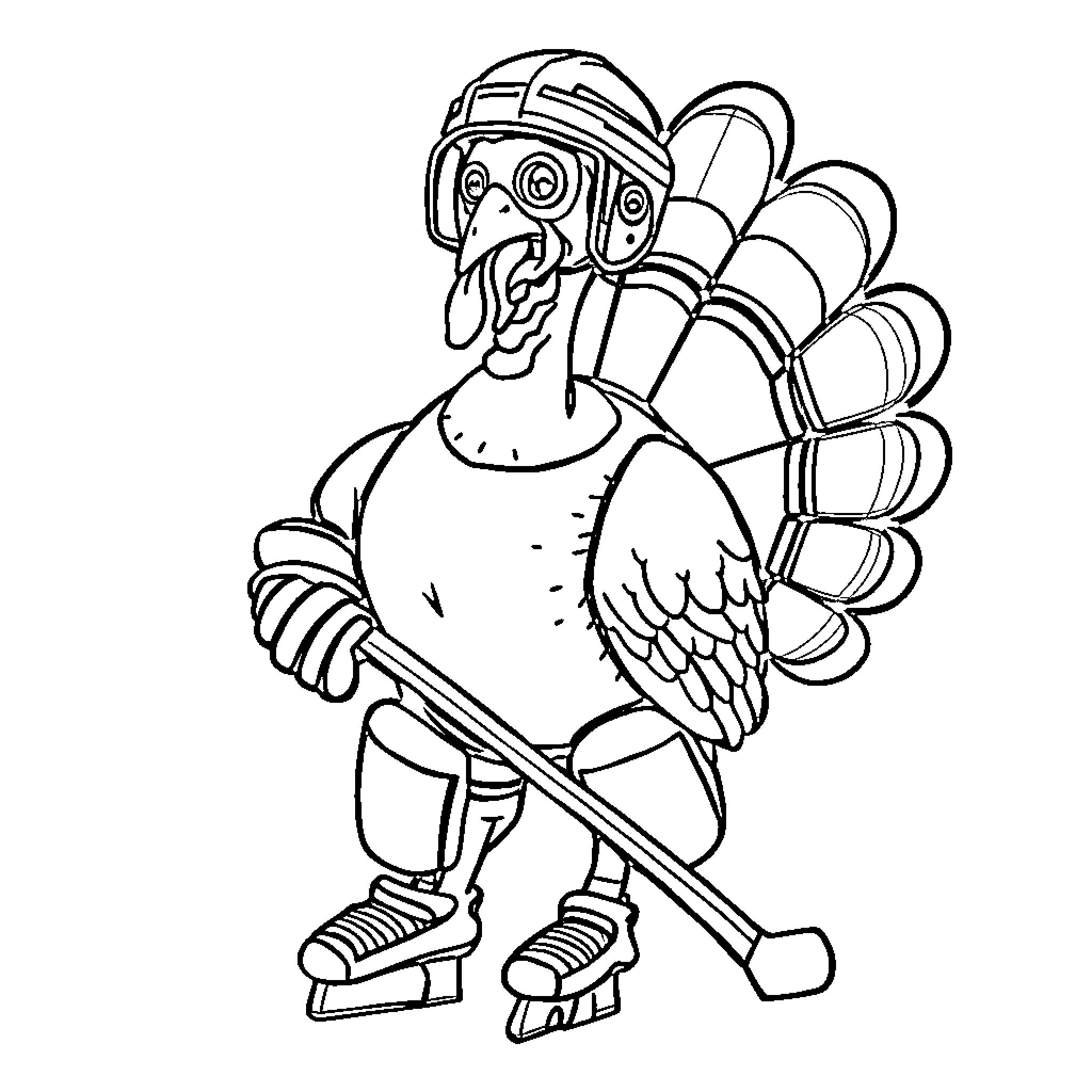 Turkey playing ice hockey with equipment Coloring Page (free black-and-white line drawing printable PDF for all, from beginners to advanced learners, including children, teens, adults, and seniors)