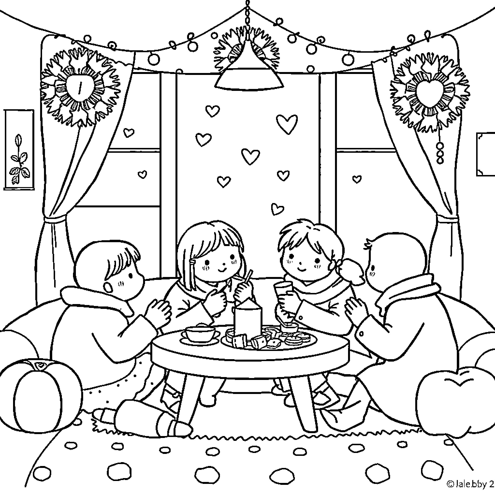Cuddles and Treats by the Cozy Fireplace Coloring Page (free black-and-white line drawing printable PDF for all, from beginners to advanced learners, including children, teens, adults, and seniors)
