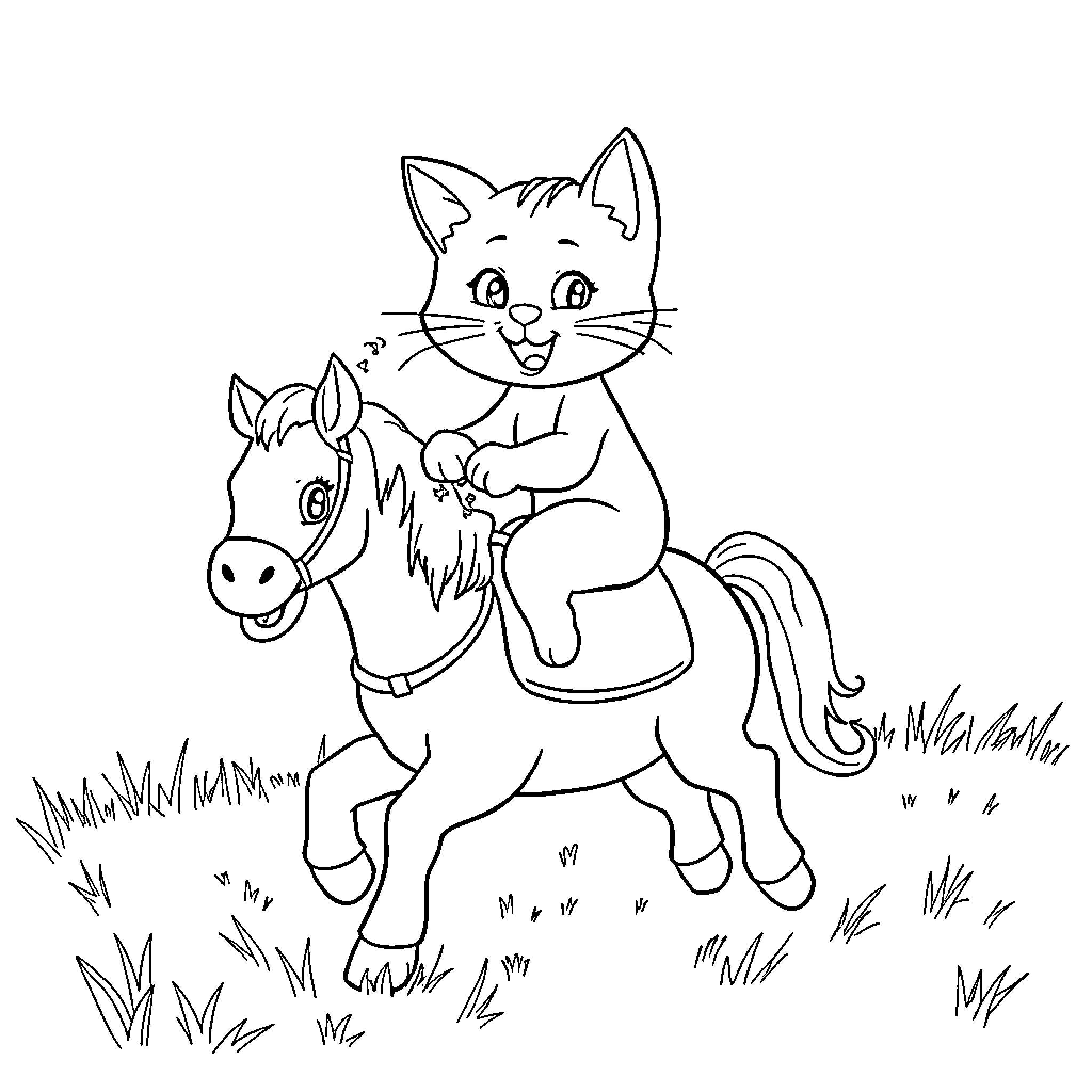 Cat riding a horse in a field Coloring Page (free black-and-white line drawing printable PDF for all, from beginners to advanced learners, including children, teens, adults, and seniors)