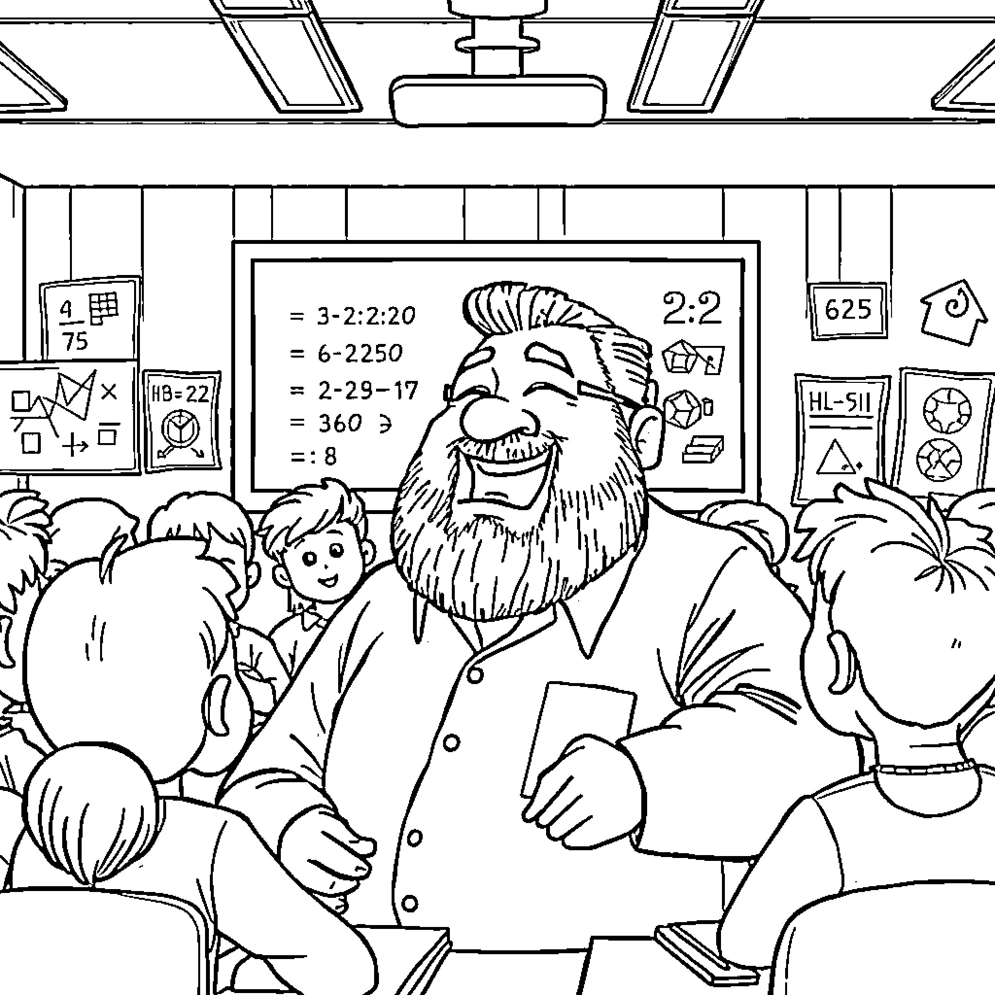 Professor teaching with enthusiasm in the classroom Coloring Page (free black-and-white line drawing printable PDF for all, from beginners to advanced learners, including children, teens, adults, and seniors)