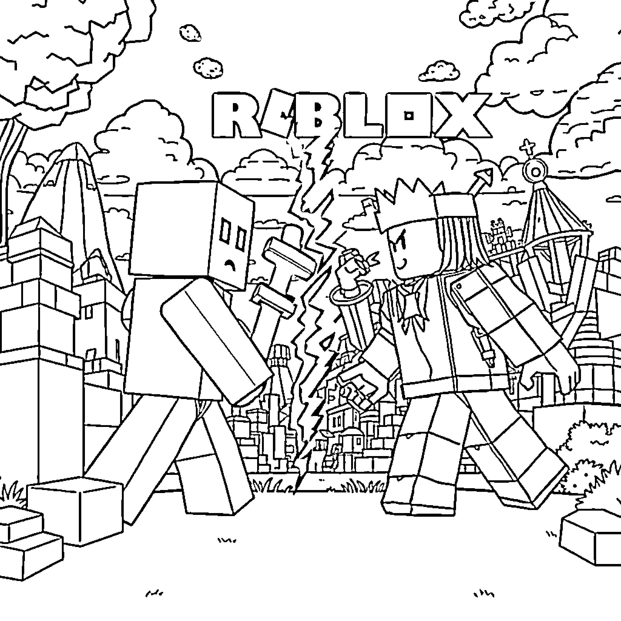 Minecraft Characters in an Animated World Coloring Page (free black-and-white line drawing printable PDF for all, from beginners to advanced learners, including children, teens, adults, and seniors)