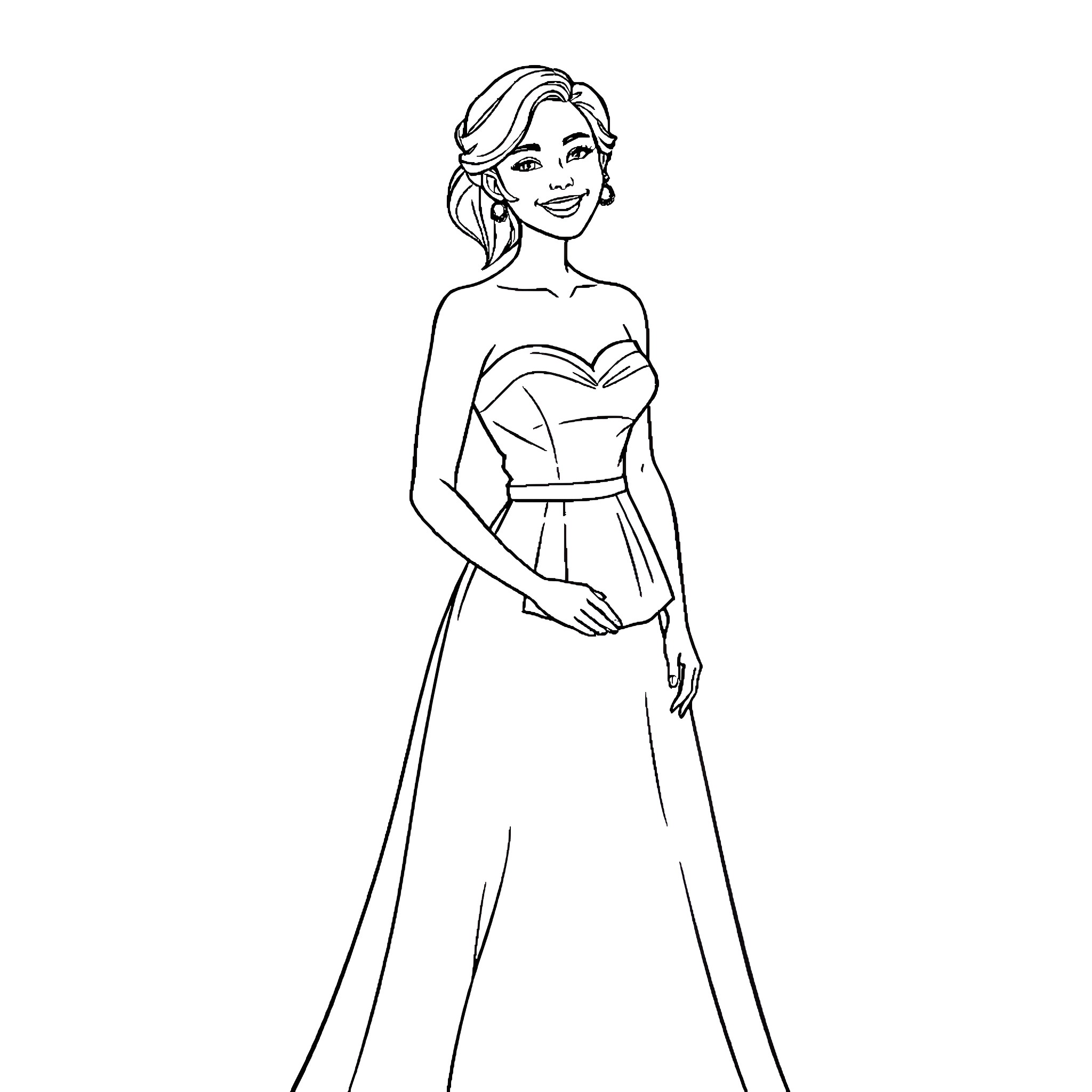 Woman in elegant strapless dress Coloring Page (free black-and-white line drawing printable PDF for all, from beginners to advanced learners, including children, teens, adults, and seniors)