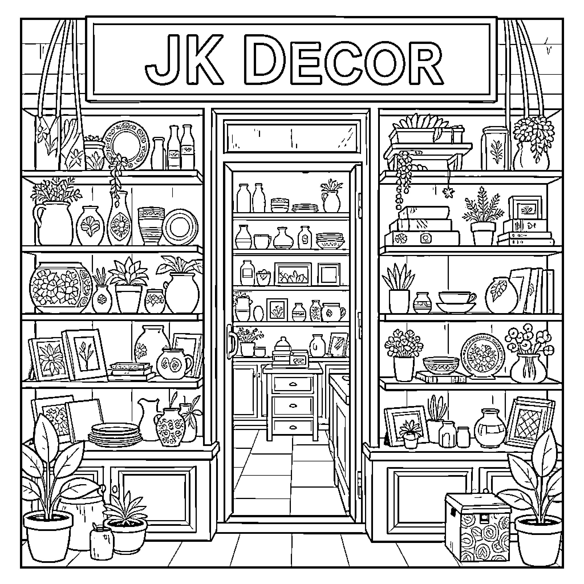 JK Decor displaying various pottery and indoor plants Coloring Page (free black-and-white line drawing printable PDF for all, from beginners to advanced learners, including children, teens, adults, and seniors)