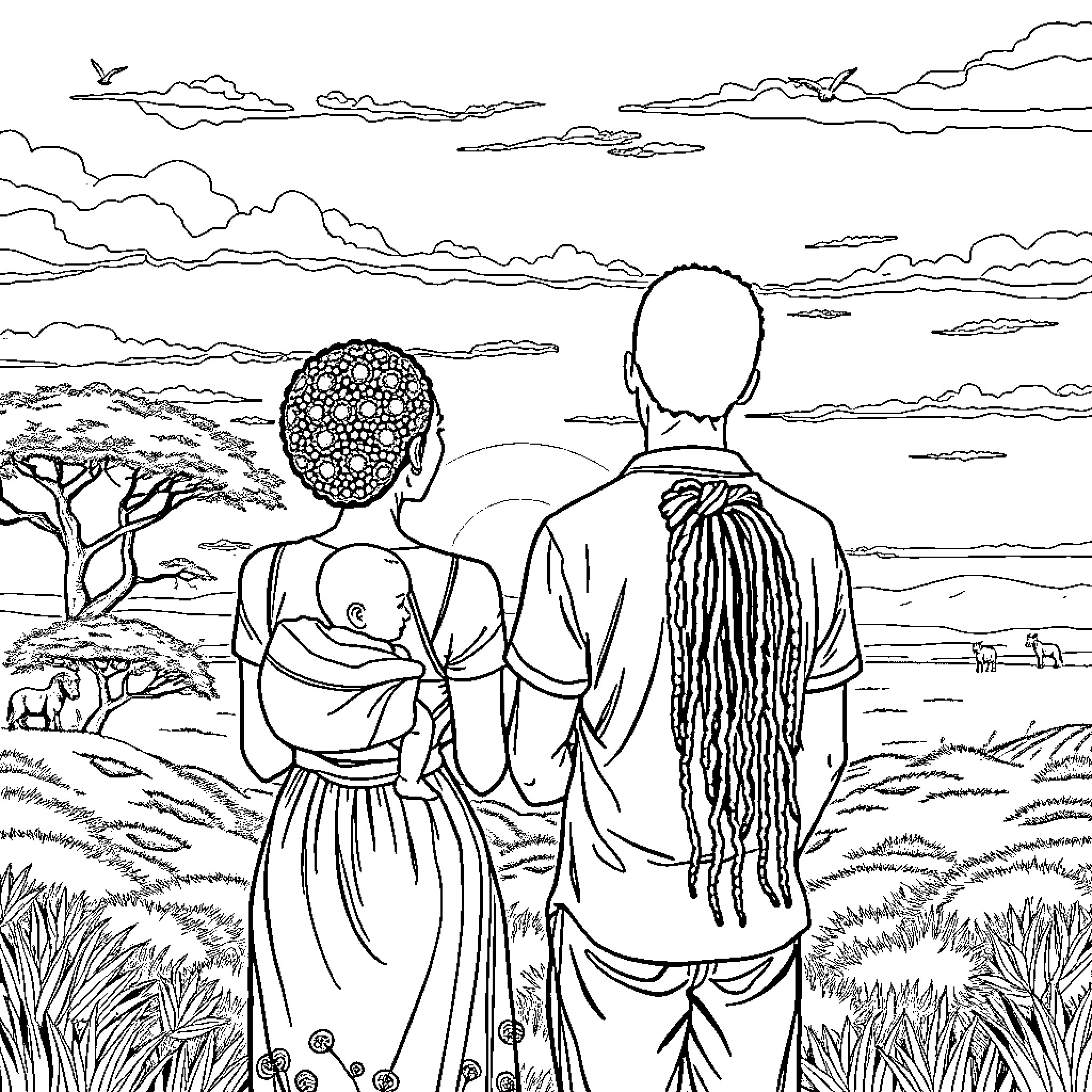 Family Exploring the African Savanna Together Coloring Page (free black-and-white line drawing printable PDF for all, from beginners to advanced learners, including children, teens, adults, and seniors)