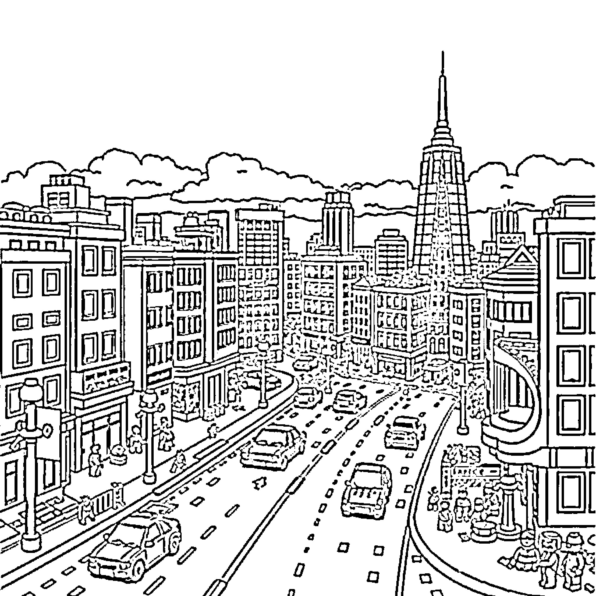 City Skyline with Busy Streets and Skyscrapers Coloring Page (free black-and-white line drawing printable PDF for all, from beginners to advanced learners, including children, teens, adults, and seniors)