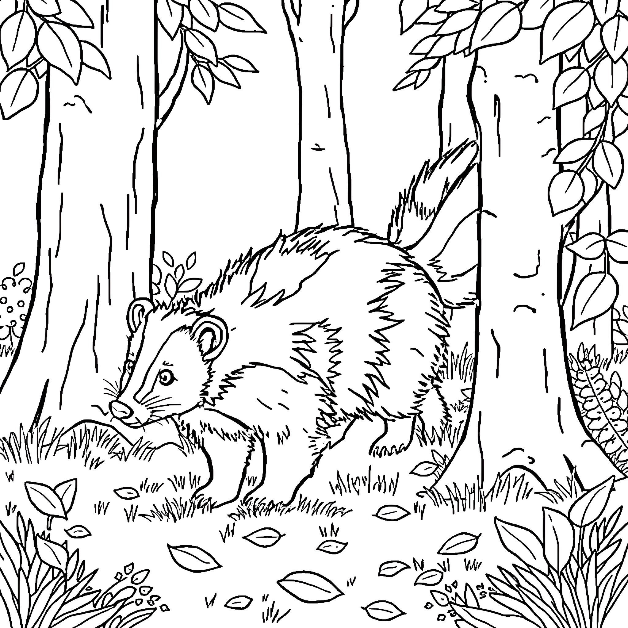 Skunk exploring the forest floor Coloring Page (free black-and-white line drawing printable PDF for all, from beginners to advanced learners, including children, teens, adults, and seniors)