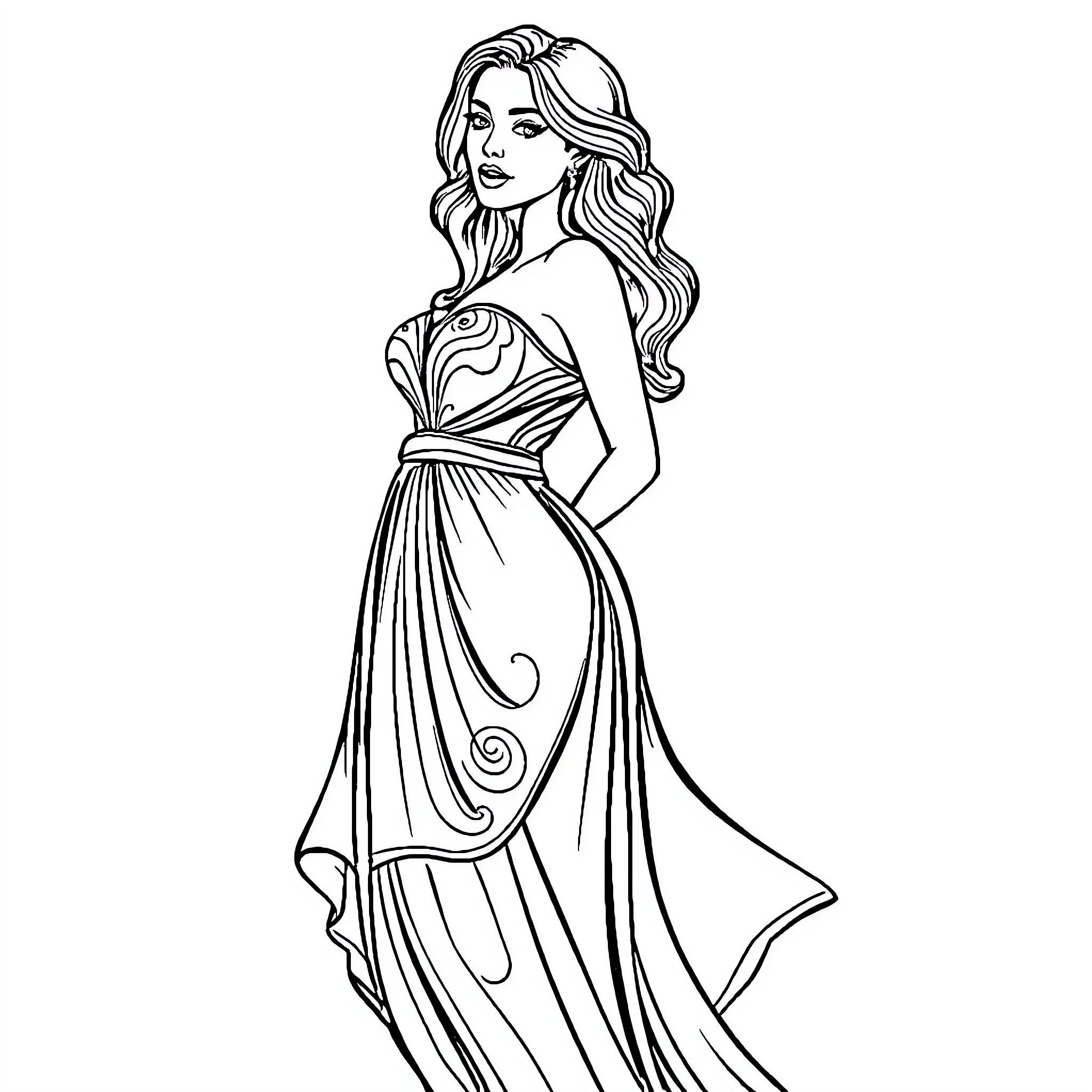 Lady in Flowing Gown with Elegant Hairstyle Coloring Page (free black-and-white line drawing printable PDF for all, from beginners to advanced learners, including children, teens, adults, and seniors)