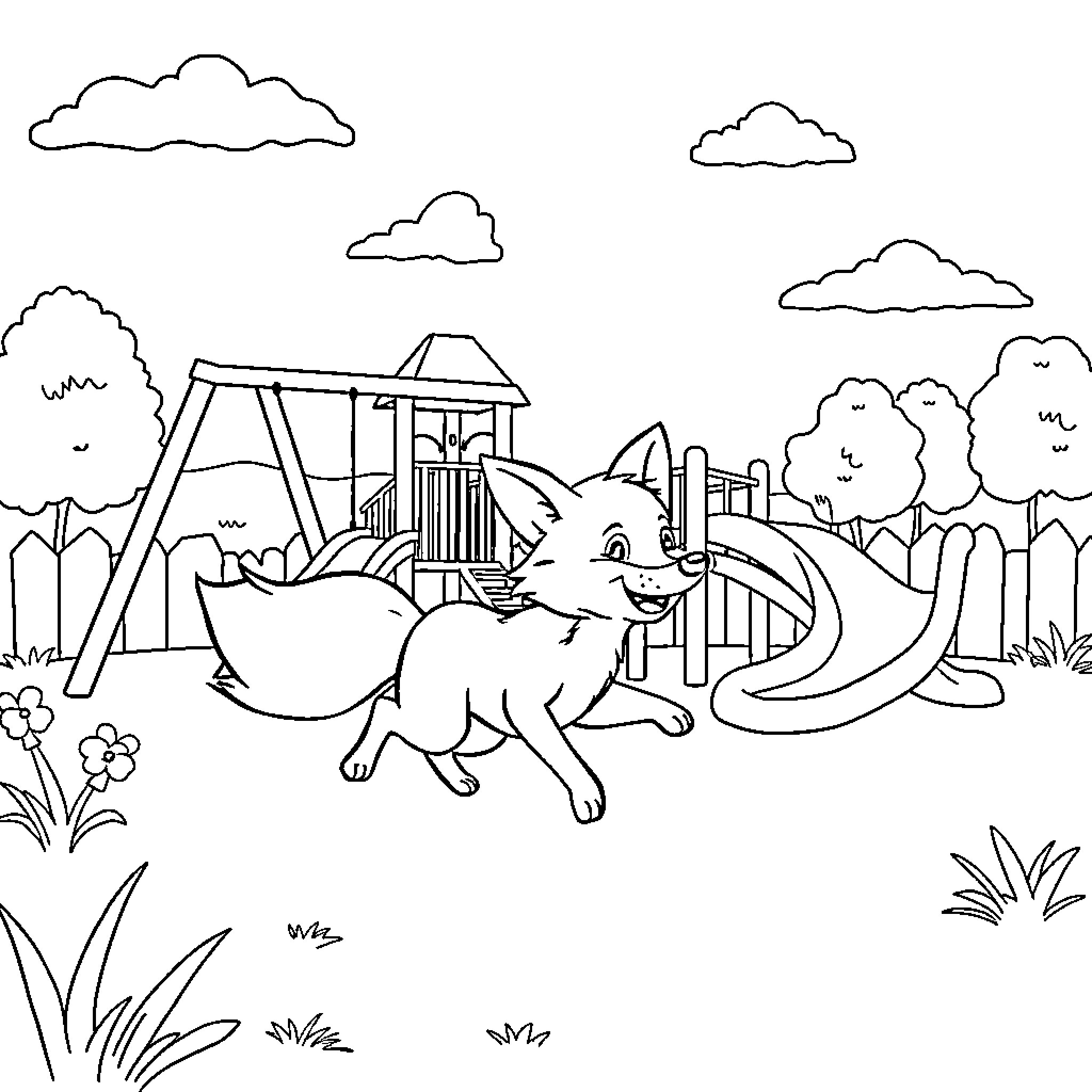Fox playing in a playground with slides and swings Coloring Page (free black-and-white line drawing printable PDF for all, from beginners to advanced learners, including children, teens, adults, and seniors)