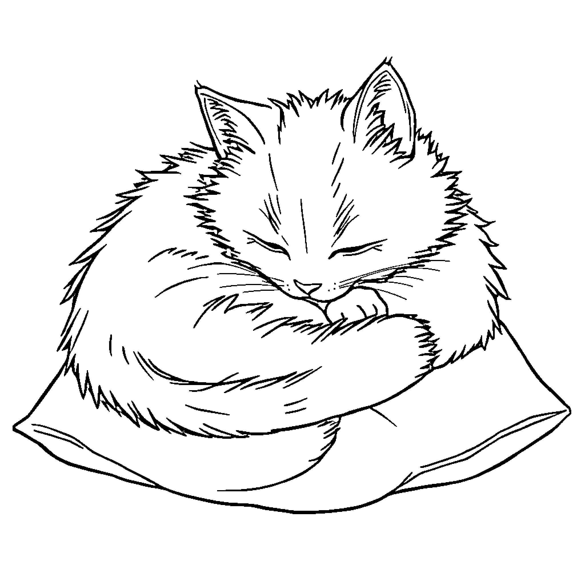 Cat curled up sleeping on a soft pillow Coloring Page (free black-and-white line drawing printable PDF for all, from beginners to advanced learners, including children, teens, adults, and seniors)