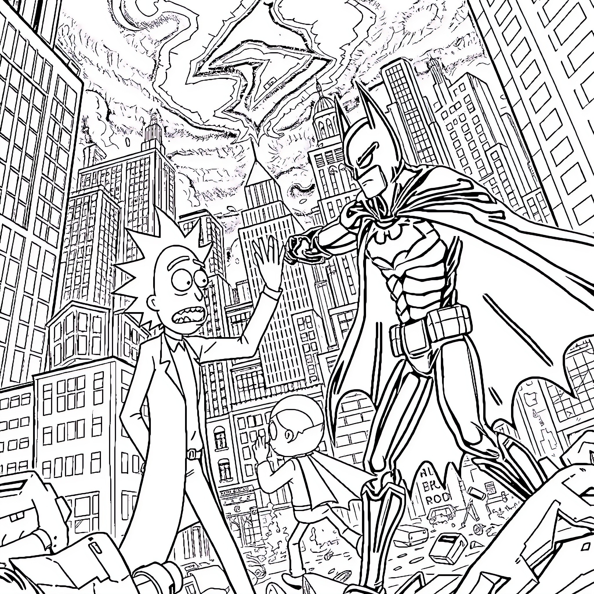 Rick And Morty Saving the City from Chaos Coloring Page (free black-and-white line drawing printable PDF for all, from beginners to advanced learners, including children, teens, adults, and seniors)