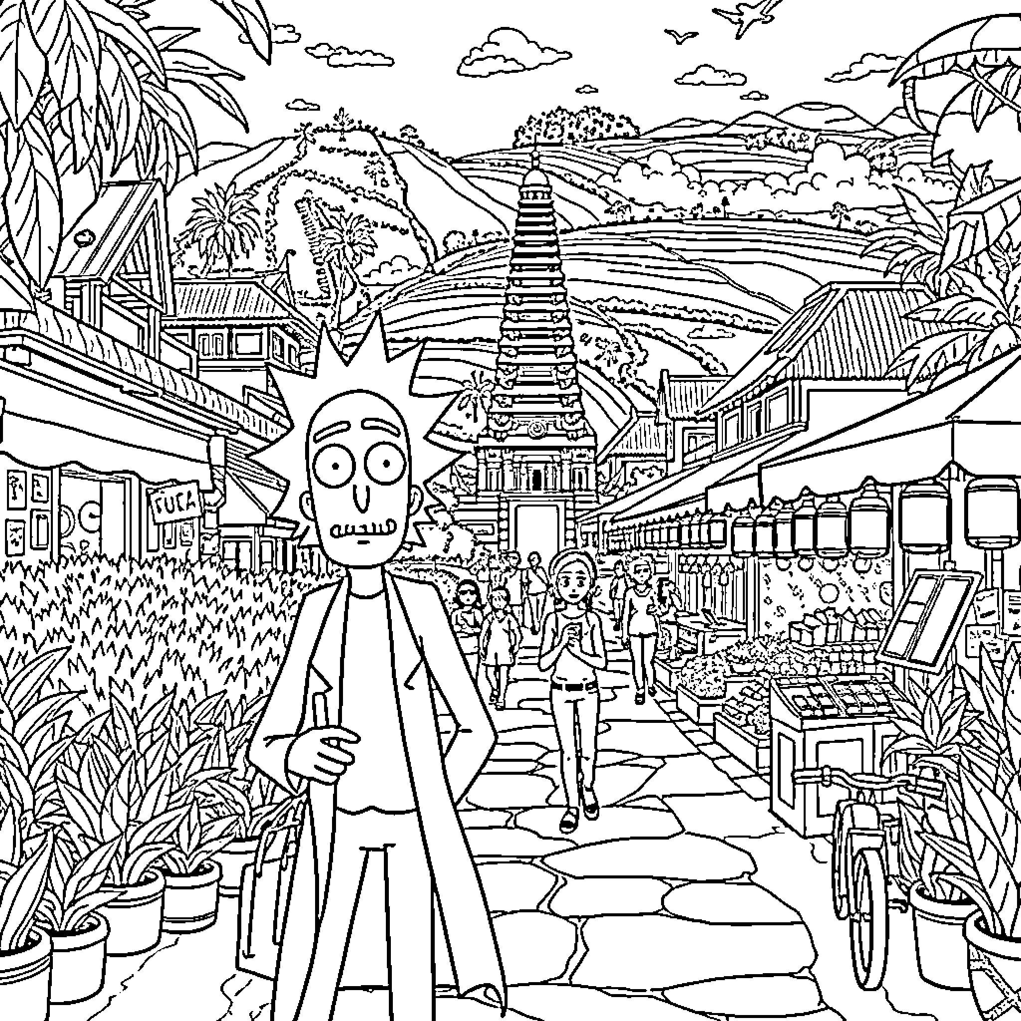 Rick And Morty explore a vibrant, fantastical landscape Coloring Page (free black-and-white line drawing printable PDF for all, from beginners to advanced learners, including children, teens, adults, and seniors)