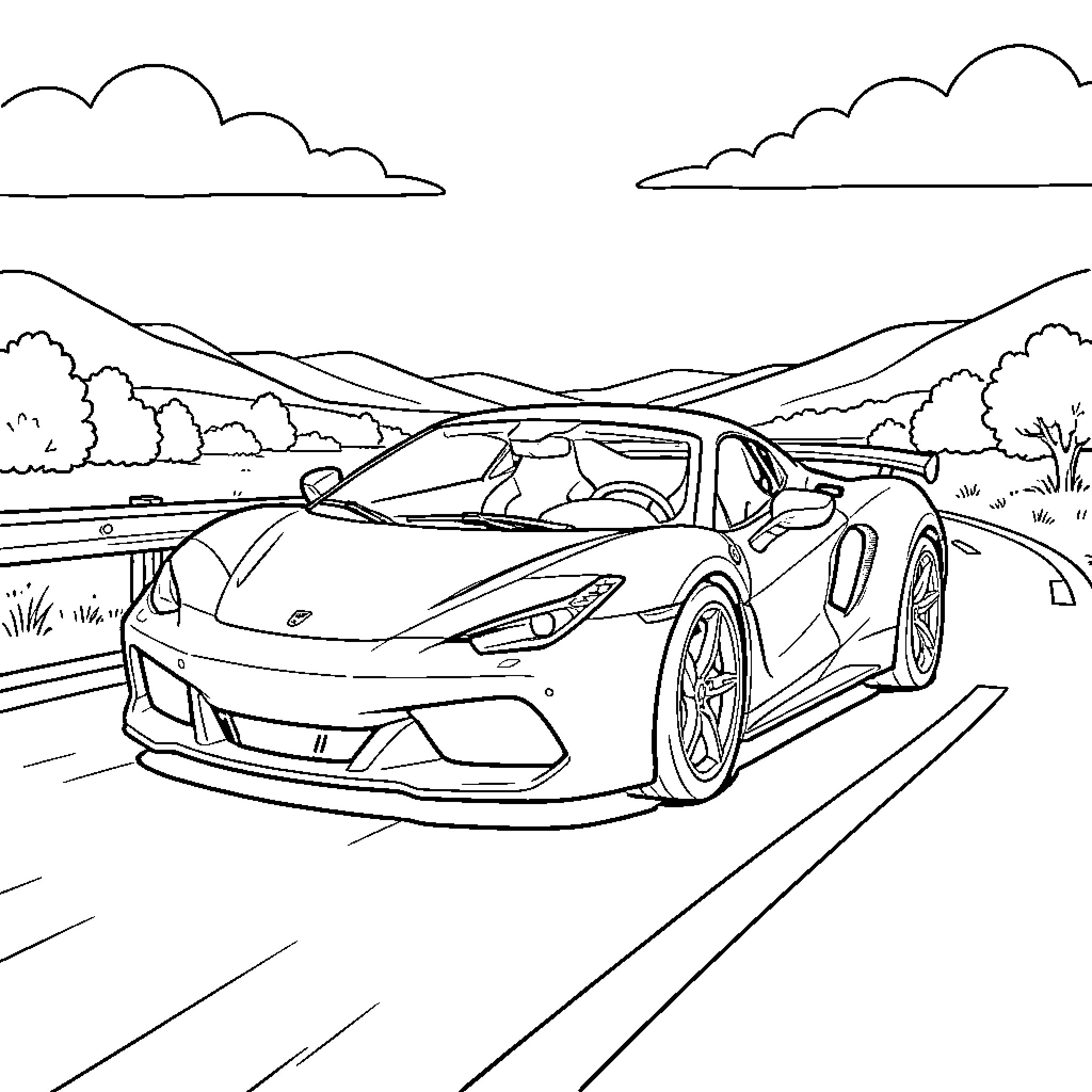 Sports Car driving along a scenic mountain road Coloring Page (free black-and-white line drawing printable PDF for all, from beginners to advanced learners, including children, teens, adults, and seniors)