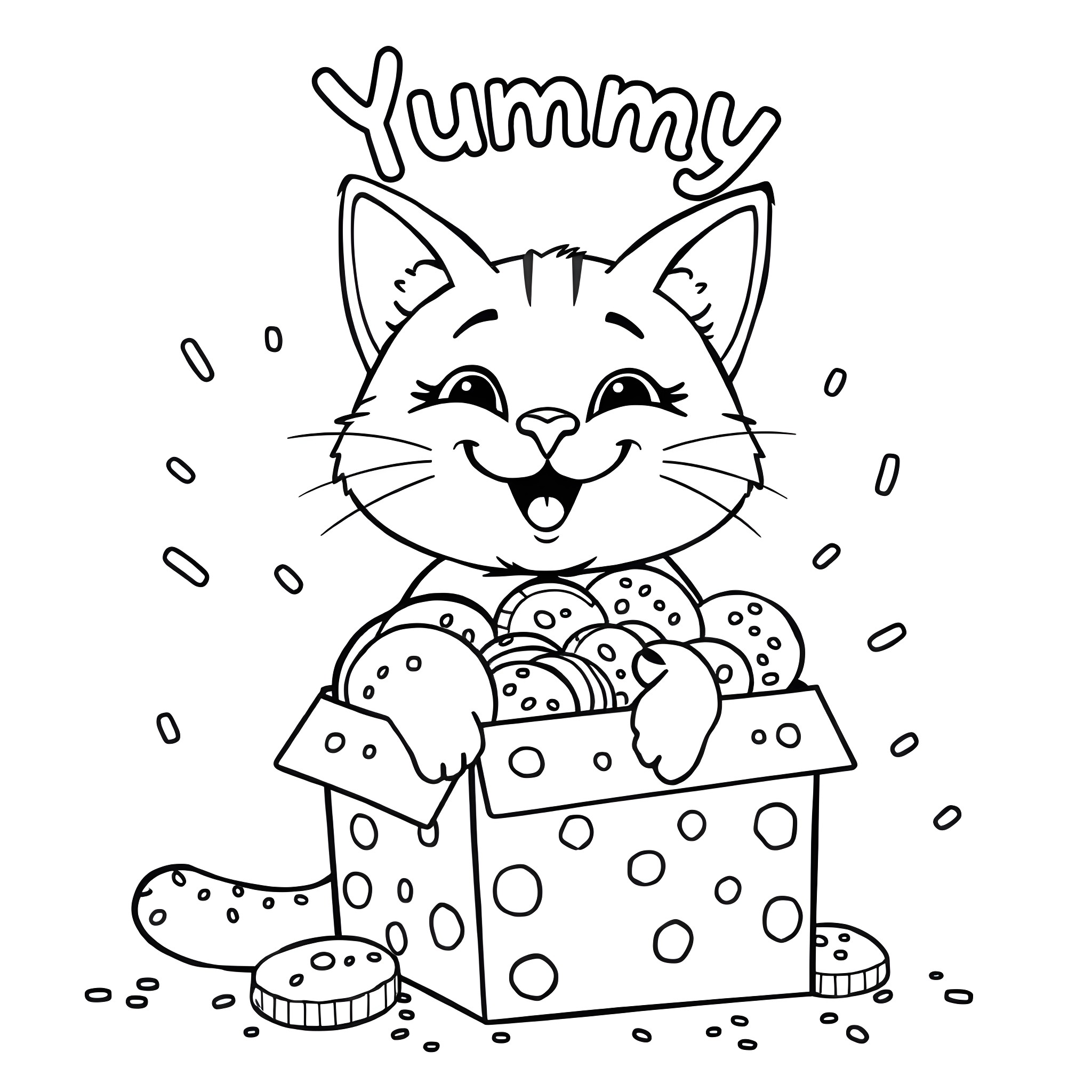 Cat in a Yummy Box Coloring Page (free black-and-white line drawing printable PDF for all, from beginners to advanced learners, including children, teens, adults, and seniors)