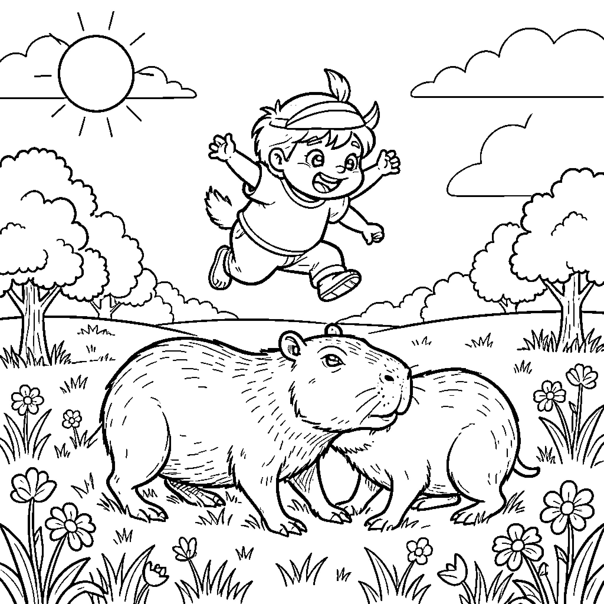 Milobelus jumping joyfully near capybaras in a meadow Coloring Page (free black-and-white line drawing printable PDF for all, from beginners to advanced learners, including children, teens, adults, and seniors)