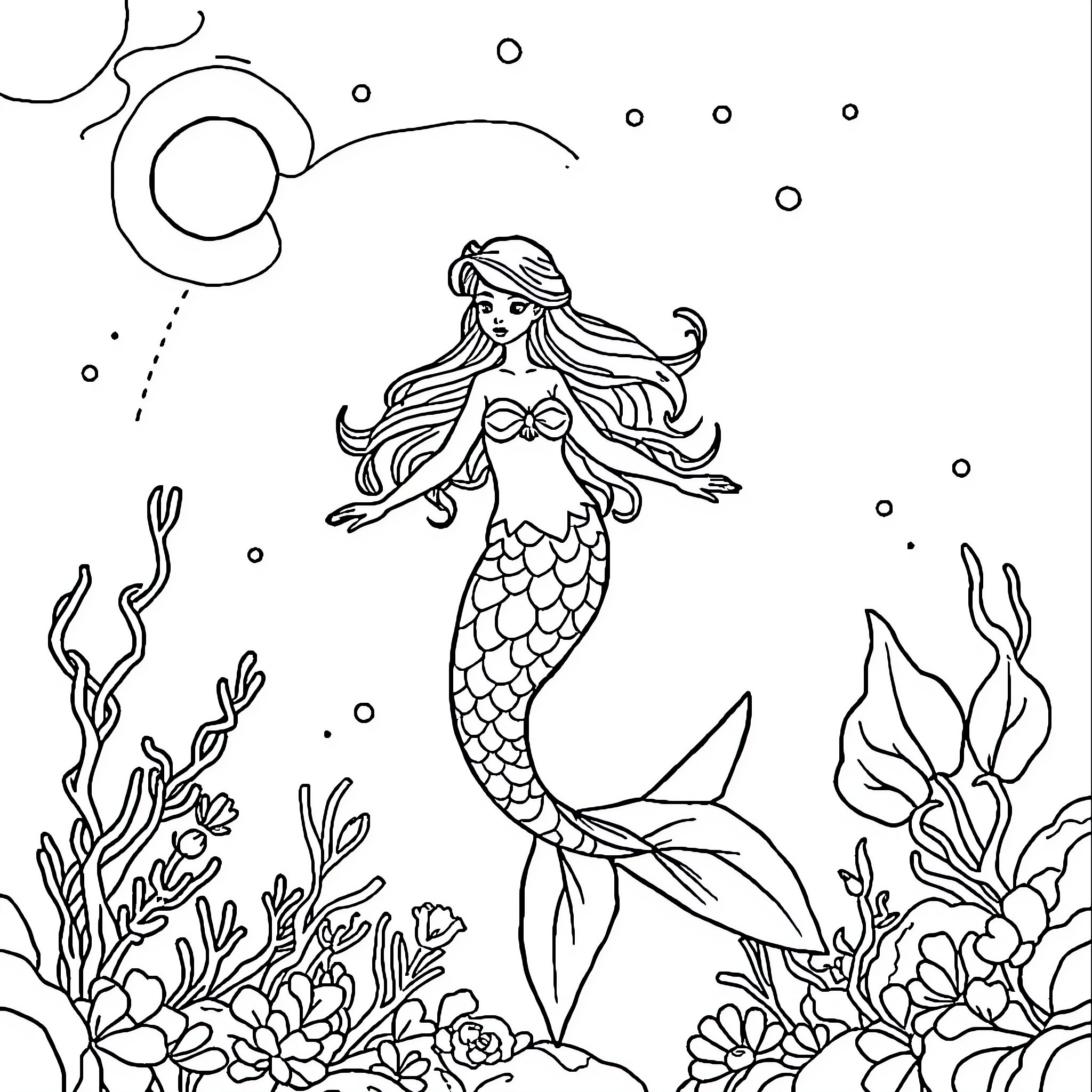 Mermaid swimming gracefully in the underwater scene Coloring Page (free black-and-white line drawing printable PDF for all, from beginners to advanced learners, including children, teens, adults, and seniors)