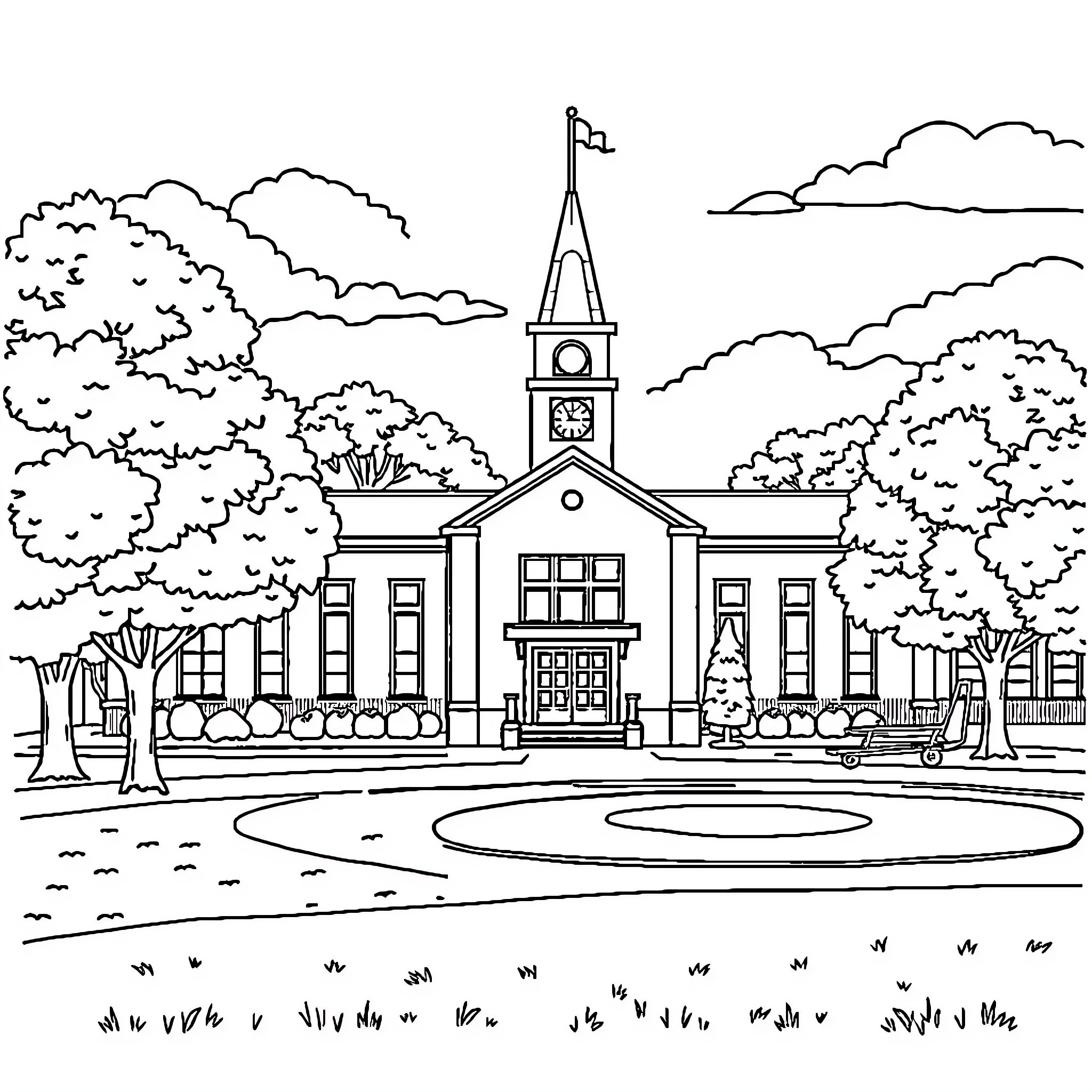 School building with clock tower in scenic outdoor setting Coloring Page (free black-and-white line drawing printable PDF for all, from beginners to advanced learners, including children, teens, adults, and seniors)