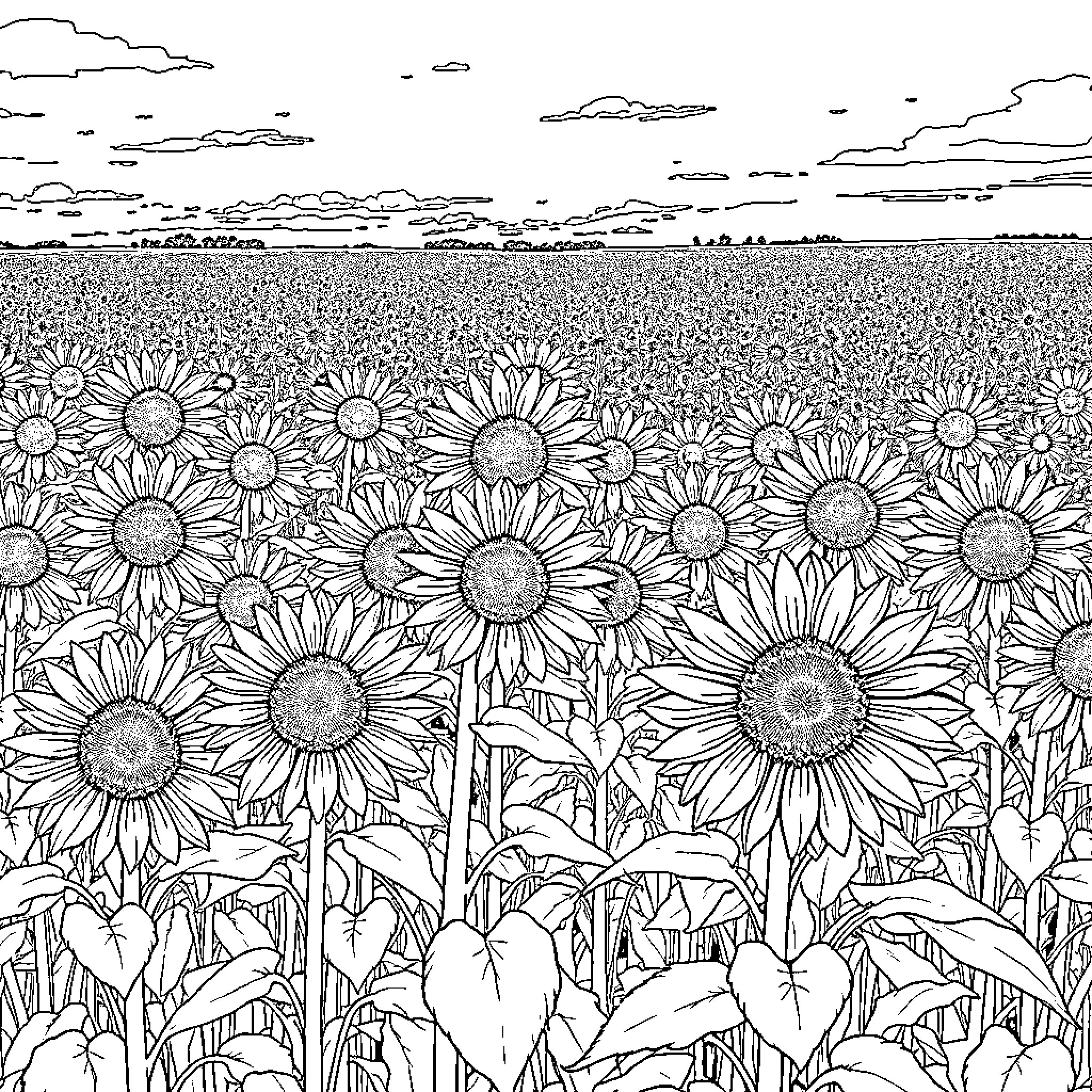 Sunflower field with dramatic sky Coloring Page (free black-and-white line drawing printable PDF for all, from beginners to advanced learners, including children, teens, adults, and seniors)