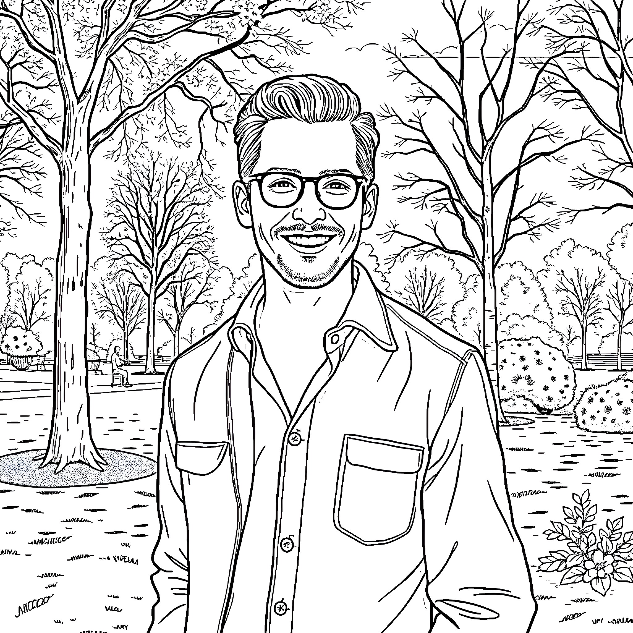 Lewis Pullman enjoying an outdoor scene Coloring Page (free black-and-white line drawing printable PDF for all, from beginners to advanced learners, including children, teens, adults, and seniors)