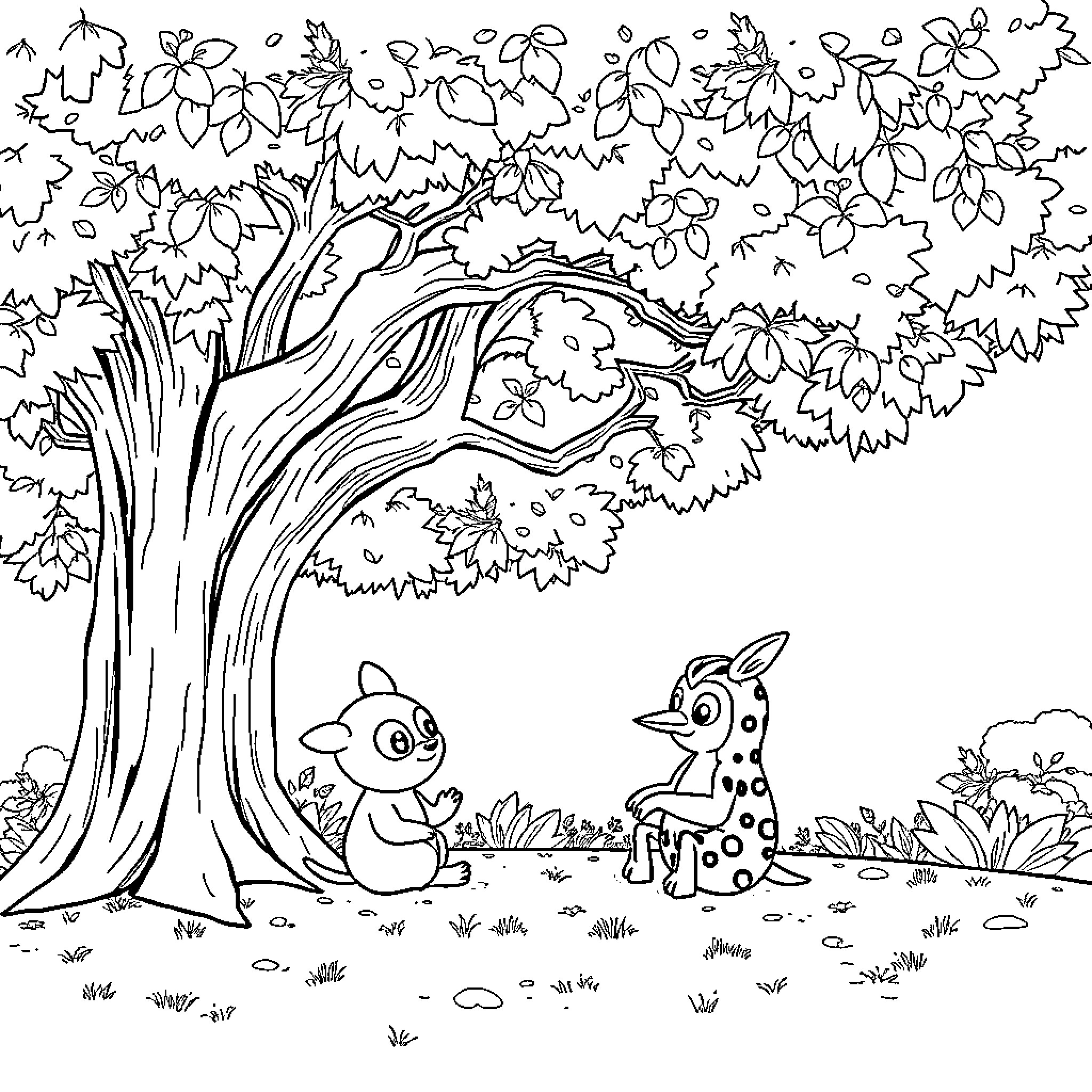 Labubu's Forest Adventure with Woodland Creatures Coloring Page (free black-and-white line drawing printable PDF for all, from beginners to advanced learners, including children, teens, adults, and seniors)