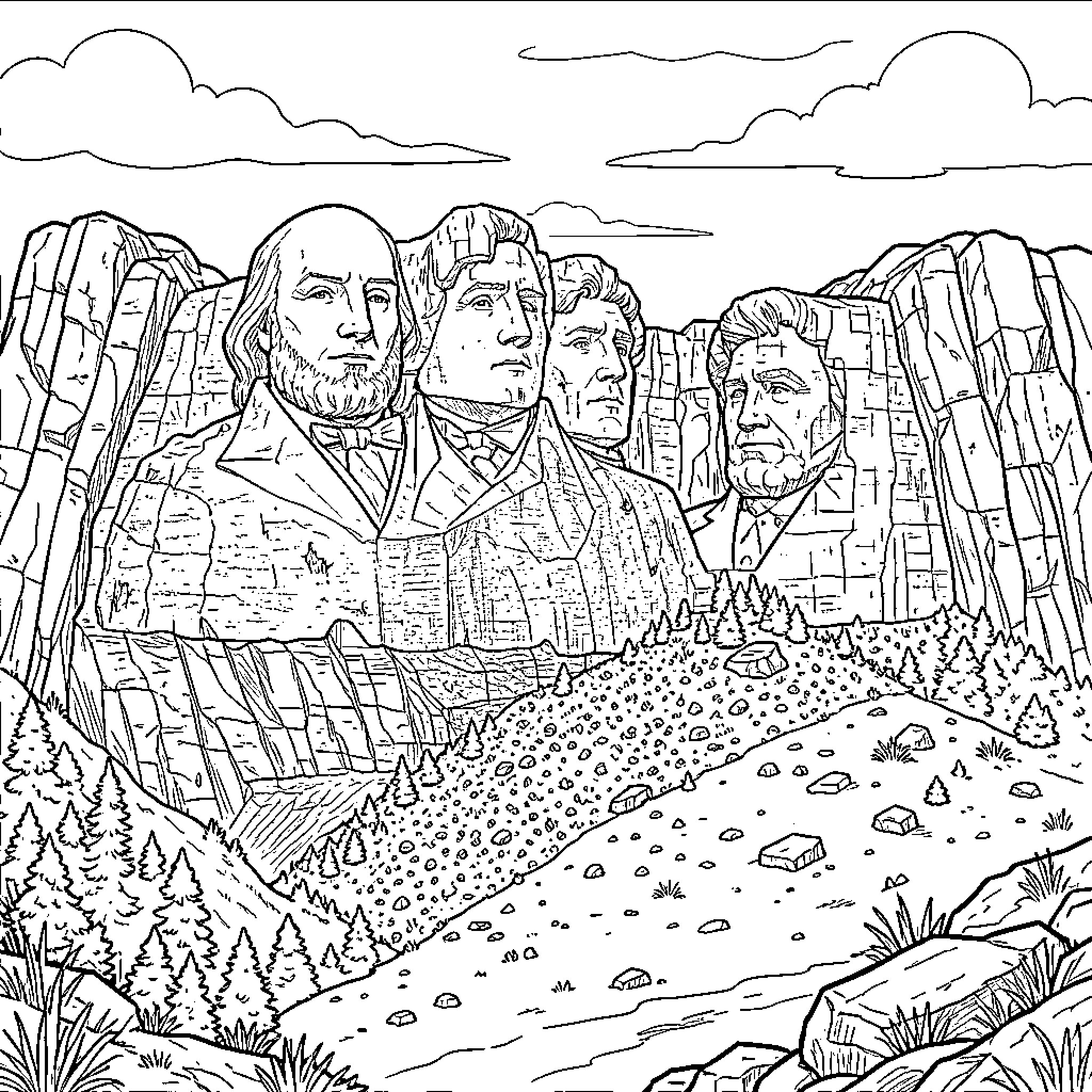 Mount Rushmore featuring four presidential faces carved in stone Coloring Page (free black-and-white line drawing printable PDF for all, from beginners to advanced learners, including children, teens, adults, and seniors)
