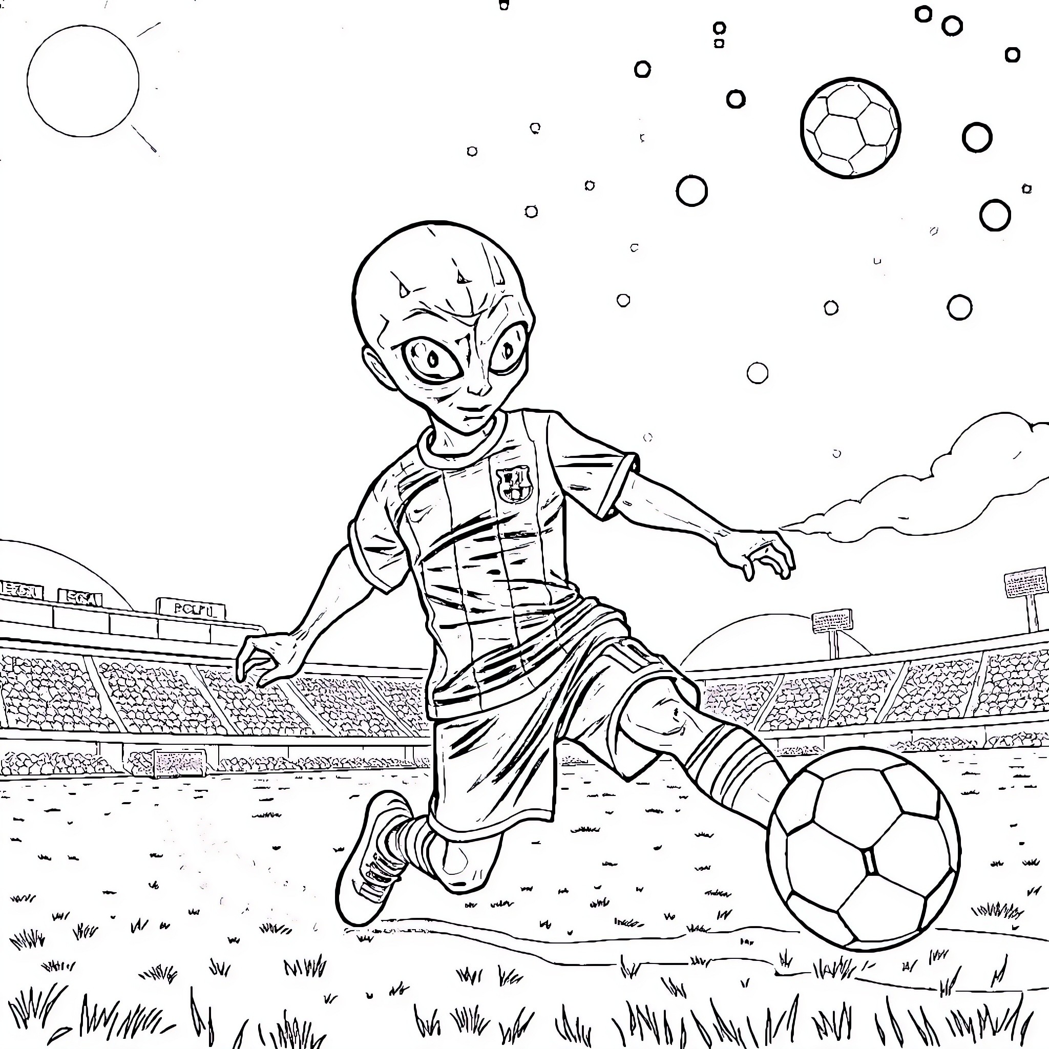 Marciano's Soccer Game Adventure Coloring Page (free black-and-white line drawing printable PDF for all, from beginners to advanced learners, including children, teens, adults, and seniors)