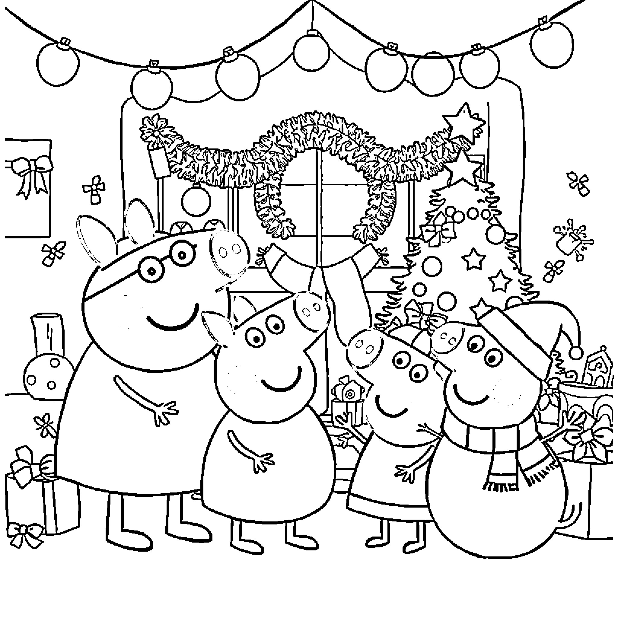 Peppa Pig family celebrating Christmas together Coloring Page (free black-and-white line drawing printable PDF for all, from beginners to advanced learners, including children, teens, adults, and seniors)