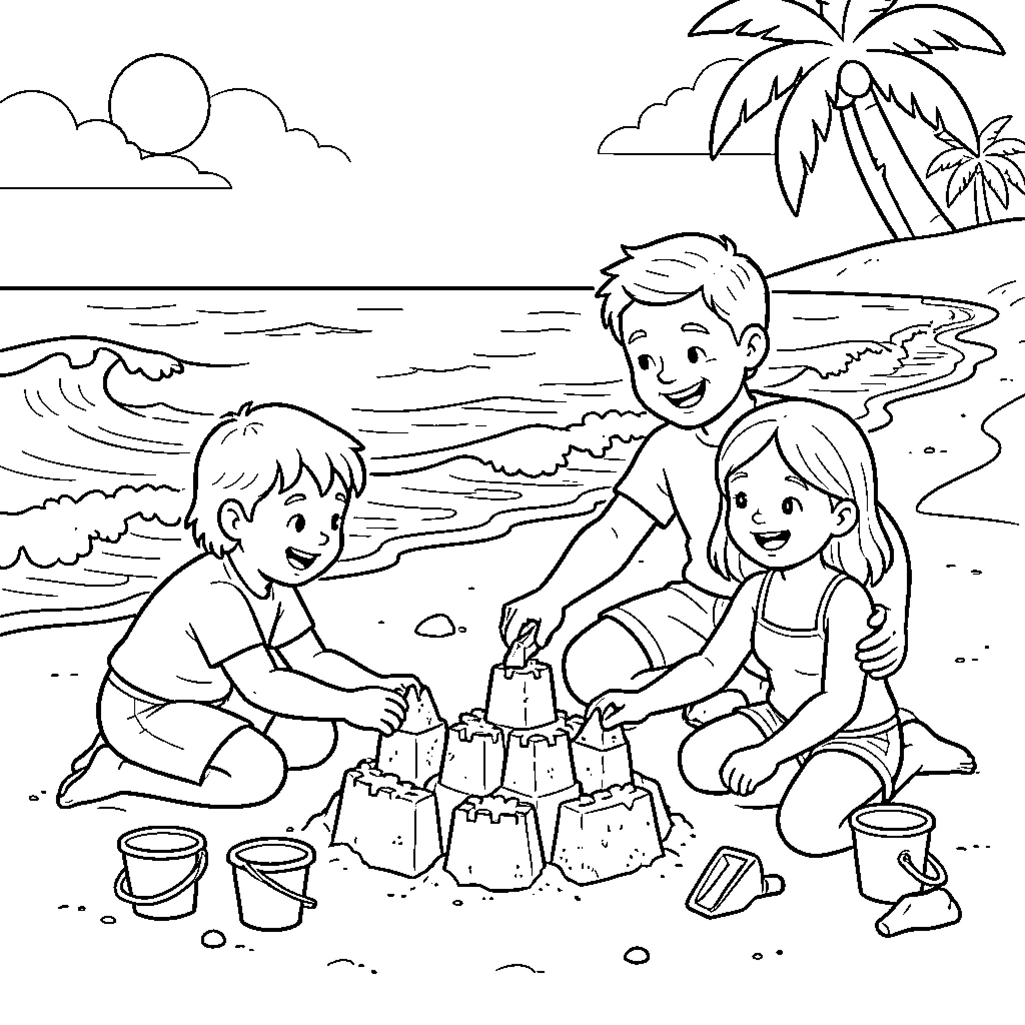 Family Building Sandcastles on the Beach Coloring Page (free black-and-white line drawing printable PDF for all, from beginners to advanced learners, including children, teens, adults, and seniors)