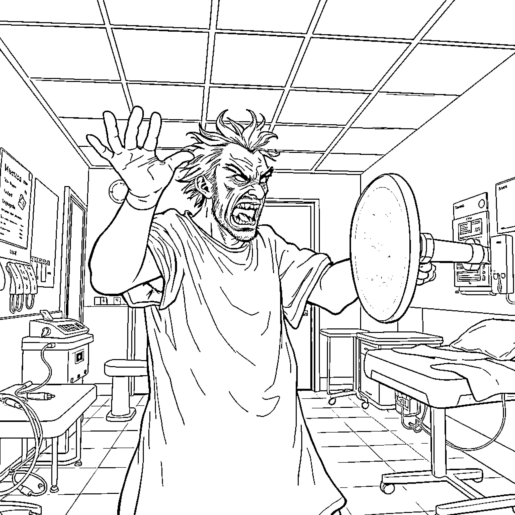 Guy frantically working in a medical office Coloring Page (free black-and-white line drawing printable PDF for all, from beginners to advanced learners, including children, teens, adults, and seniors)