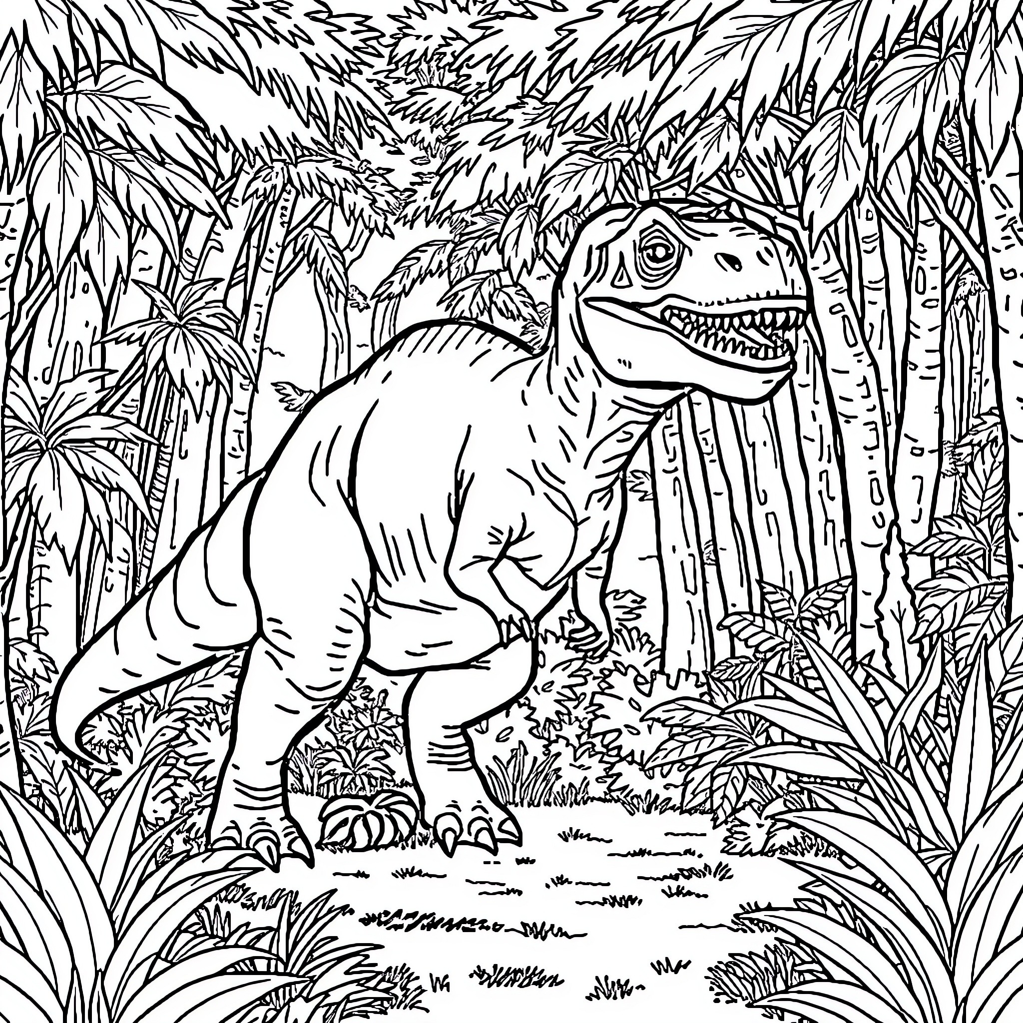 Dinosaur exploring the lush jungle landscape Coloring Page (free black-and-white line drawing printable PDF for all, from beginners to advanced learners, including children, teens, adults, and seniors)