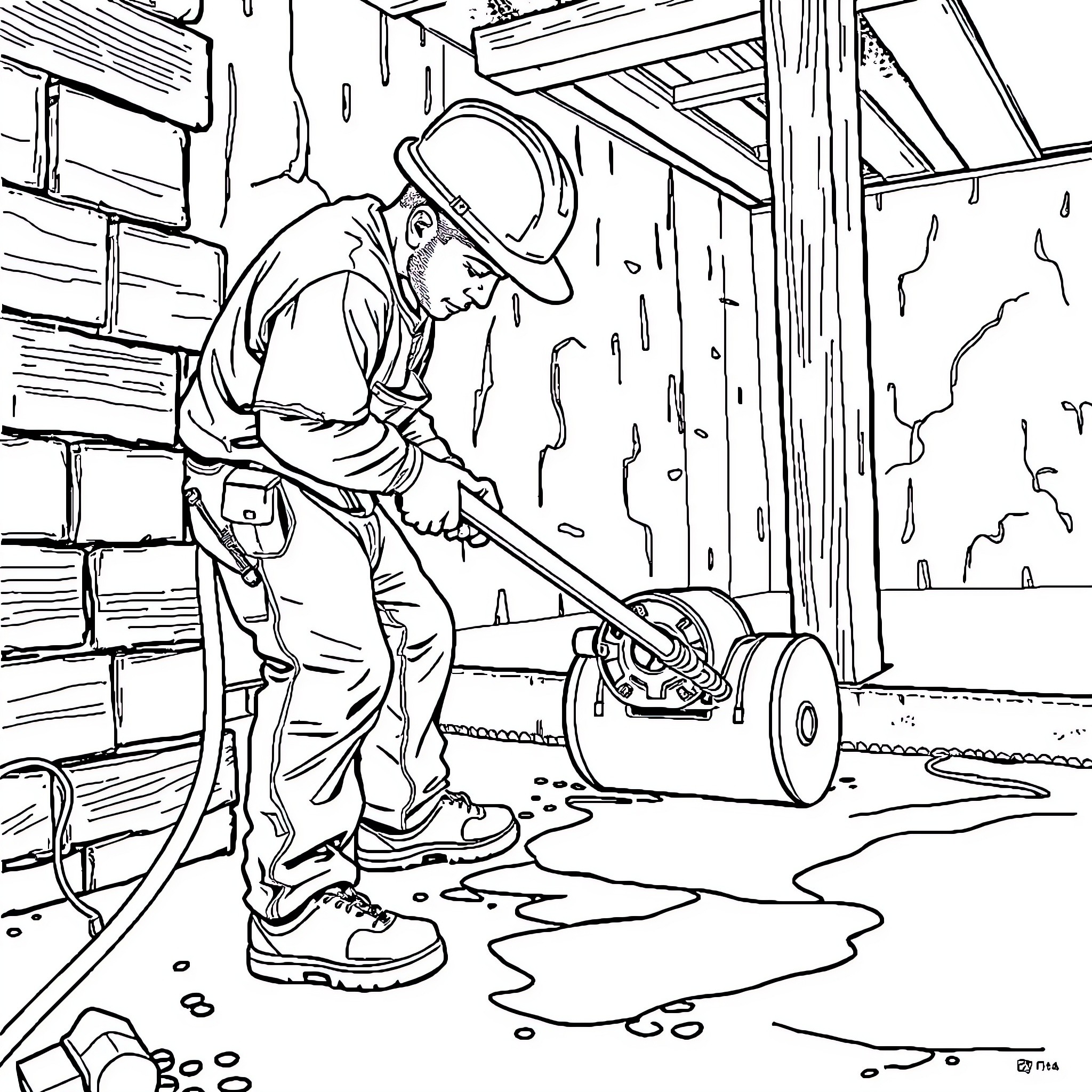 Concrete Finisher Working Diligently with Construction Tools Coloring Page (free black-and-white line drawing printable PDF for all, from beginners to advanced learners, including children, teens, adults, and seniors)