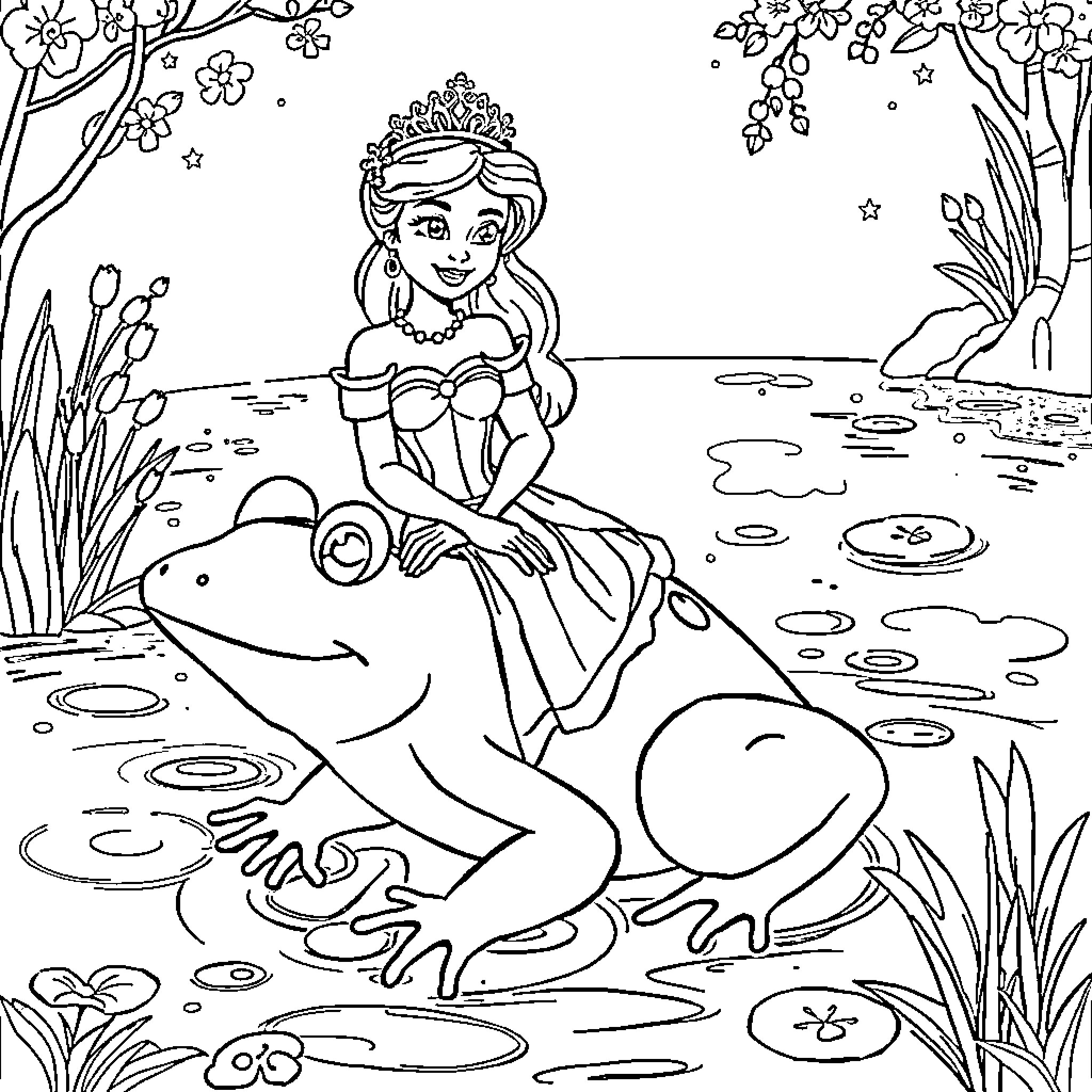 Princess Sitting on Frog in Enchanting Pond Coloring Page (free black-and-white line drawing printable PDF for all, from beginners to advanced learners, including children, teens, adults, and seniors)