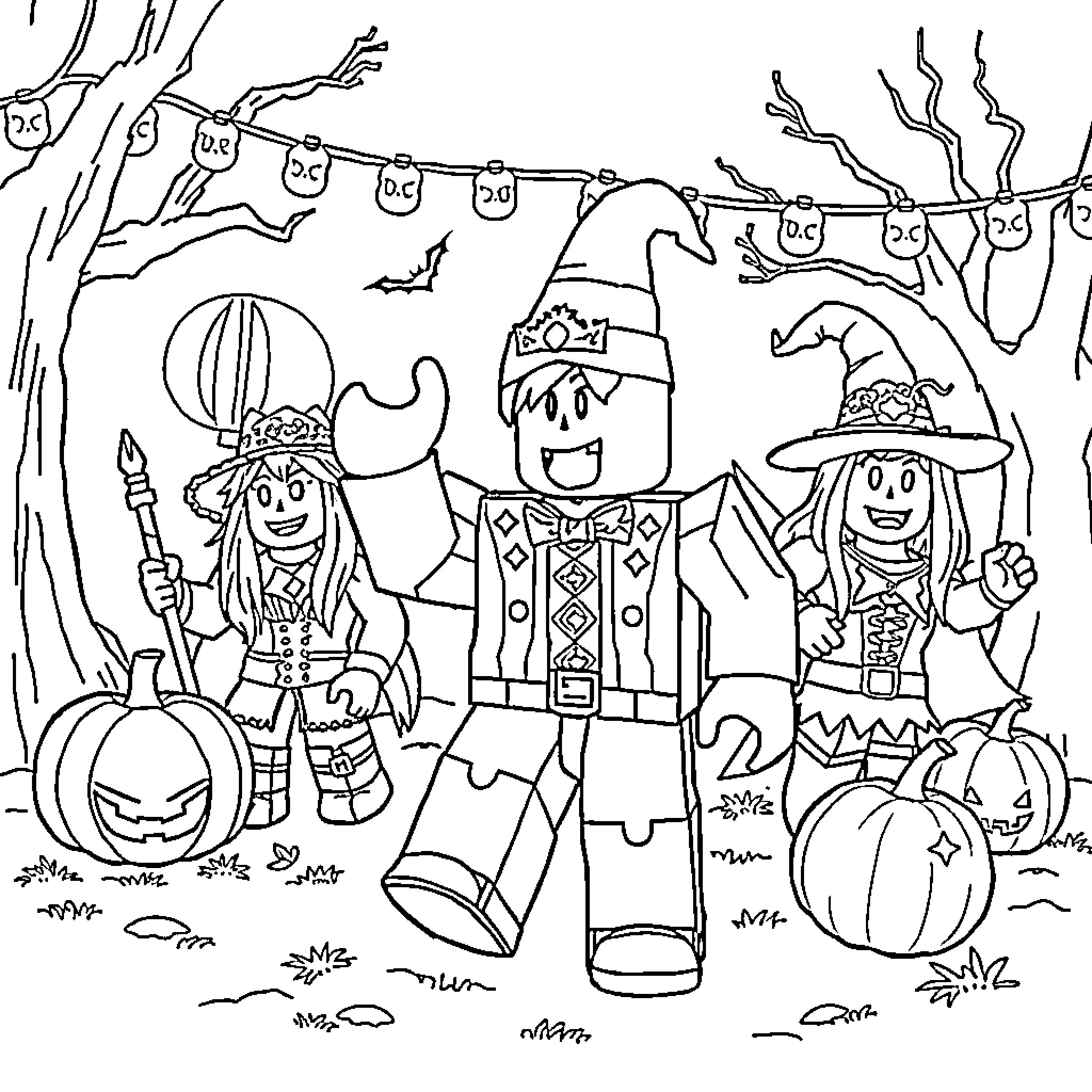 Roblox characters in Halloween costumes and decorations Coloring Page (free black-and-white line drawing printable PDF for all, from beginners to advanced learners, including children, teens, adults, and seniors)
