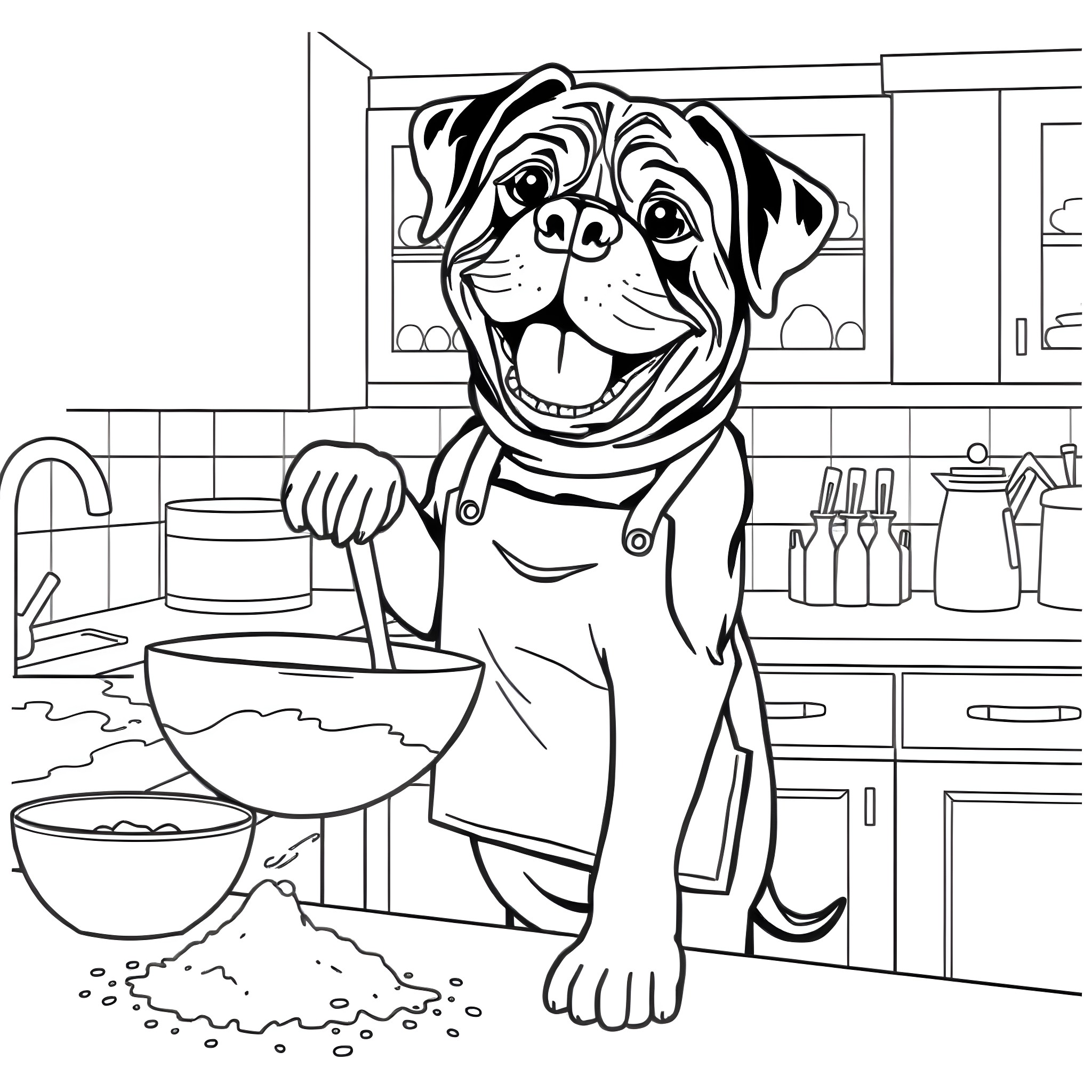 Rottweiler Happily Baking in the Kitchen Coloring Page (free black-and-white line drawing printable PDF for all, from beginners to advanced learners, including children, teens, adults, and seniors)