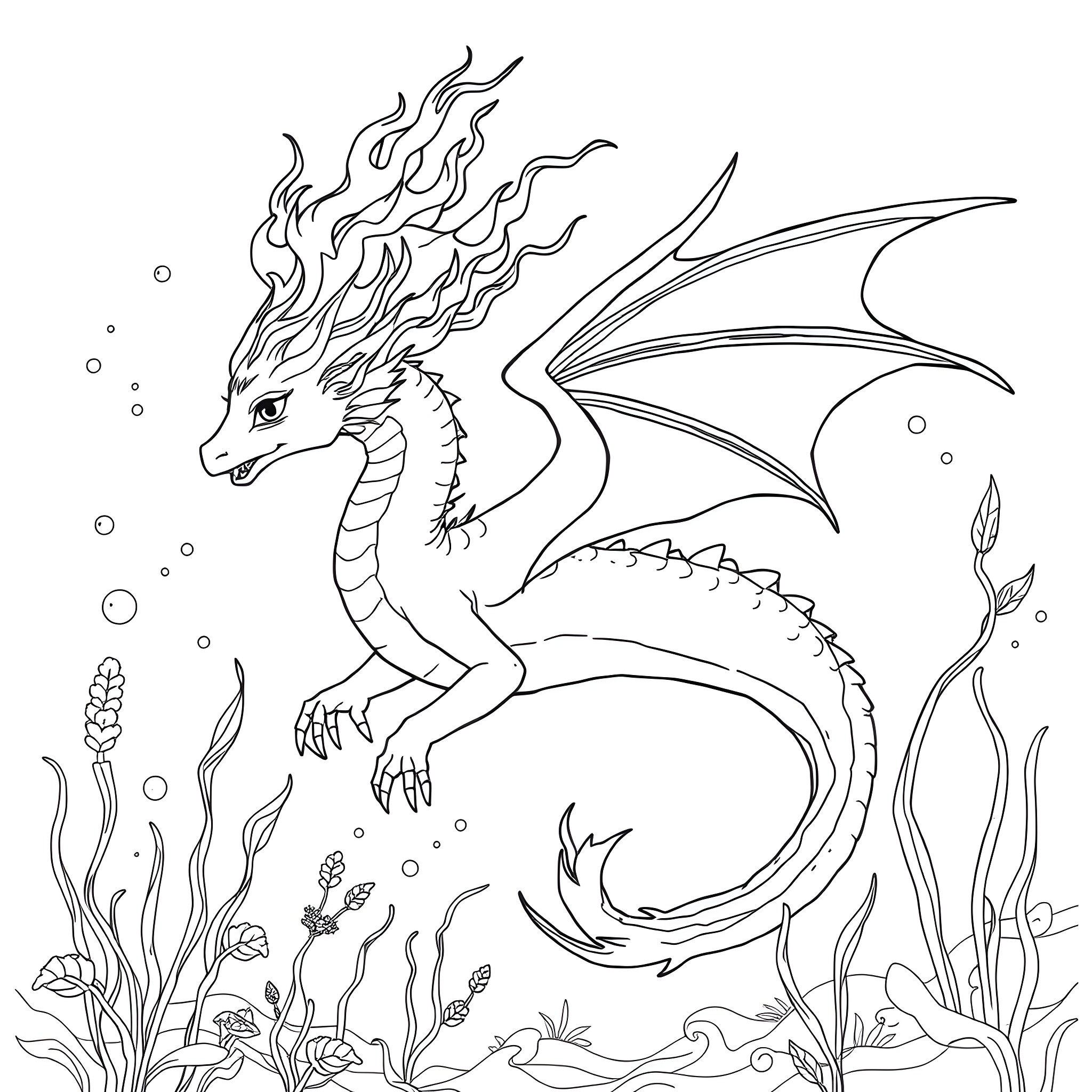 Dragon swimming gracefully in the underwater scene Coloring Page (free black-and-white line drawing printable PDF for all, from beginners to advanced learners, including children, teens, adults, and seniors)