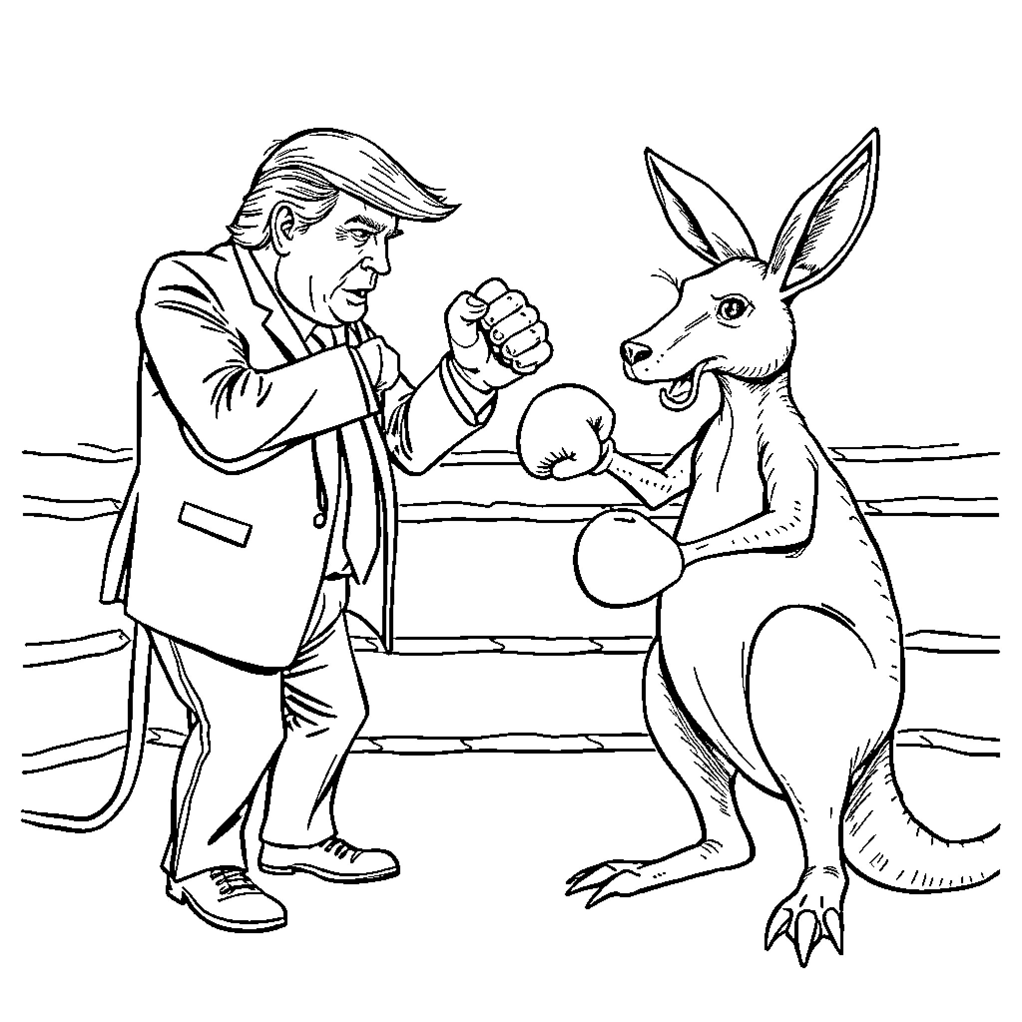 Donald Trump Boxing with Kangaroo in the Ring Coloring Page (free black-and-white line drawing printable PDF for all, from beginners to advanced learners, including children, teens, adults, and seniors)