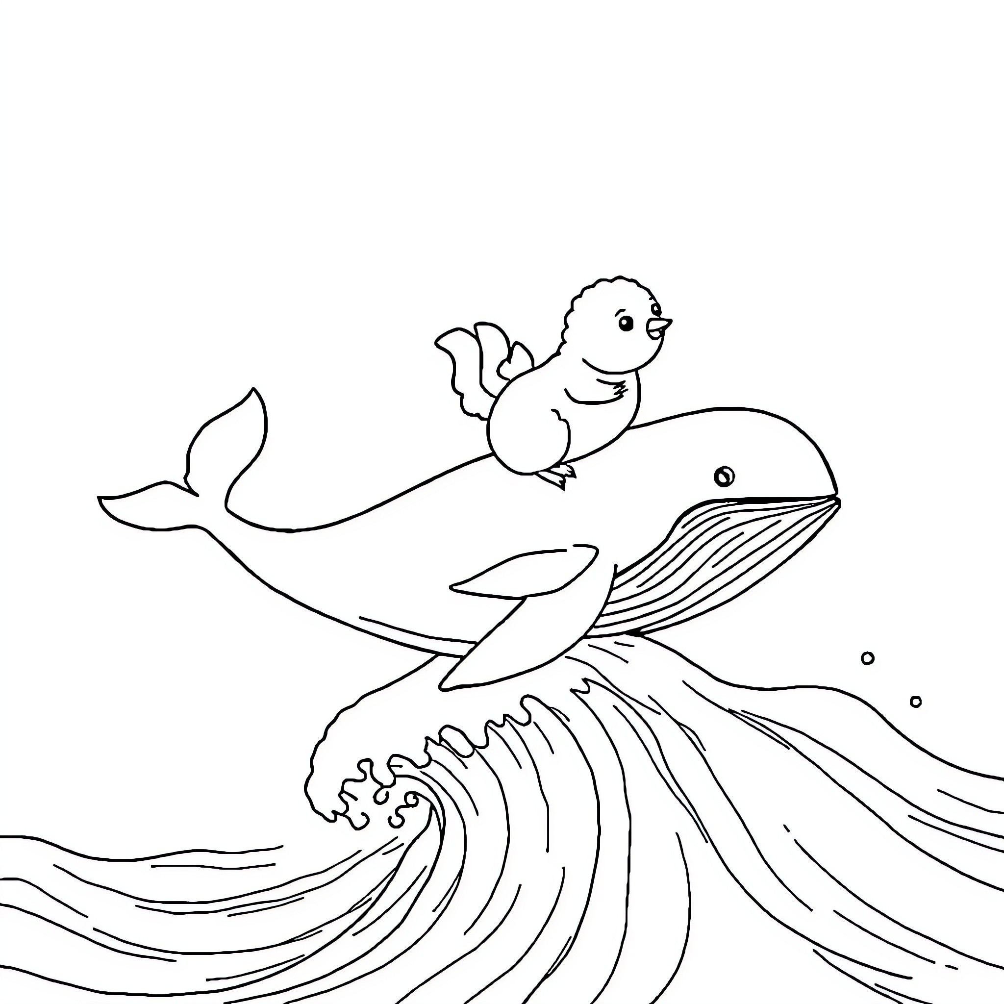 Woodchuck riding a whale in the ocean Coloring Page (free black-and-white line drawing printable PDF for all, from beginners to advanced learners, including children, teens, adults, and seniors)