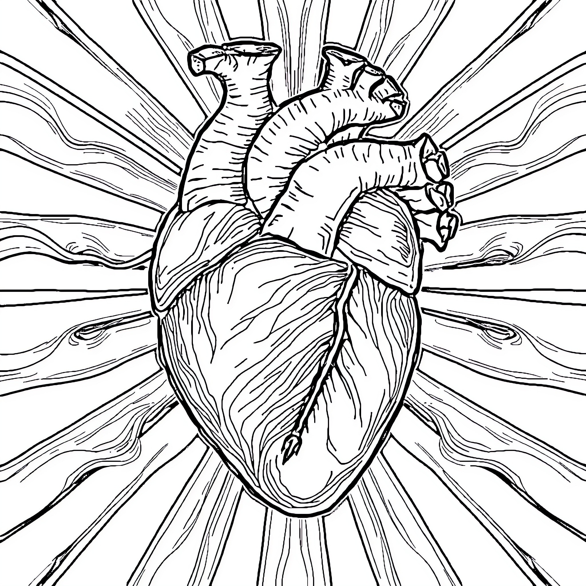 Heart's Radiant Splendor Coloring Page (free black-and-white line drawing printable PDF for all, from beginners to advanced learners, including children, teens, adults, and seniors)