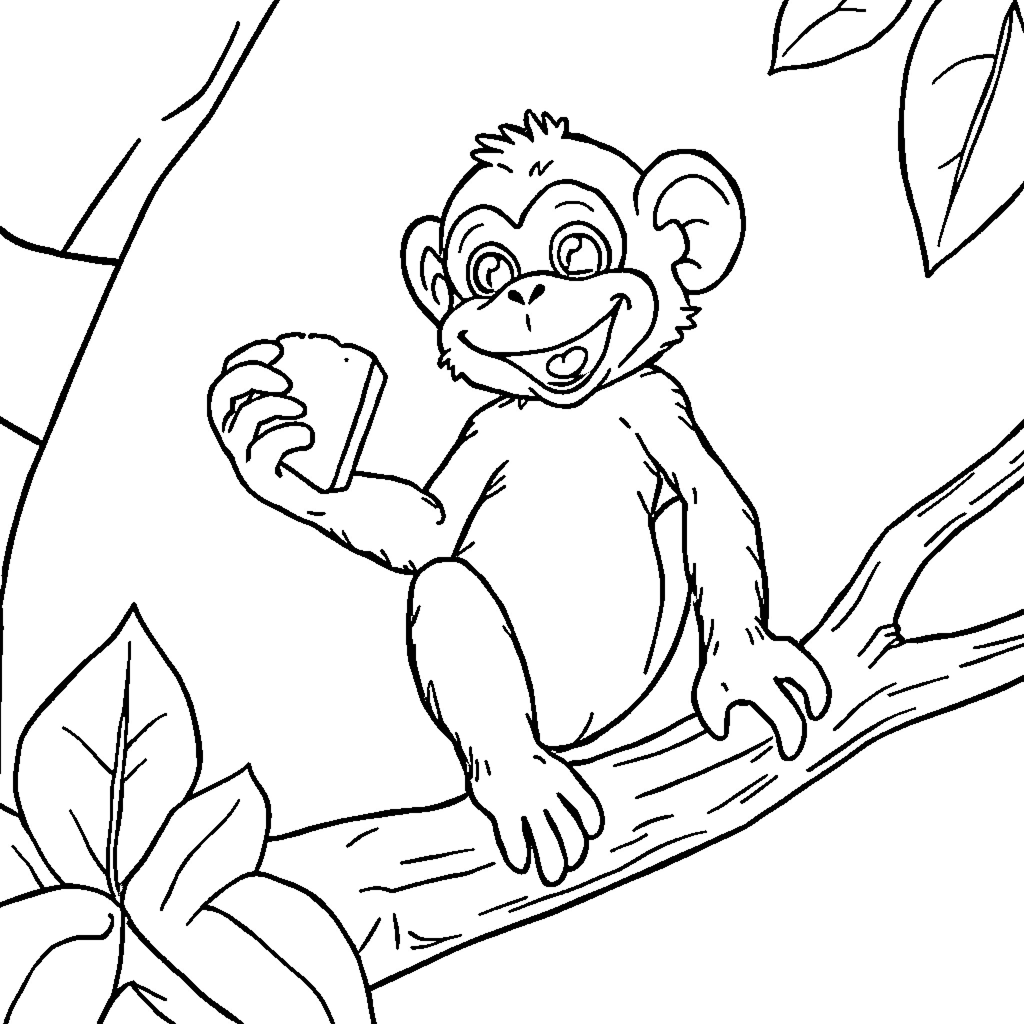 Monkey Enjoying a Fruity Snack in the Wild Coloring Page (free black-and-white line drawing printable PDF for all, from beginners to advanced learners, including children, teens, adults, and seniors)