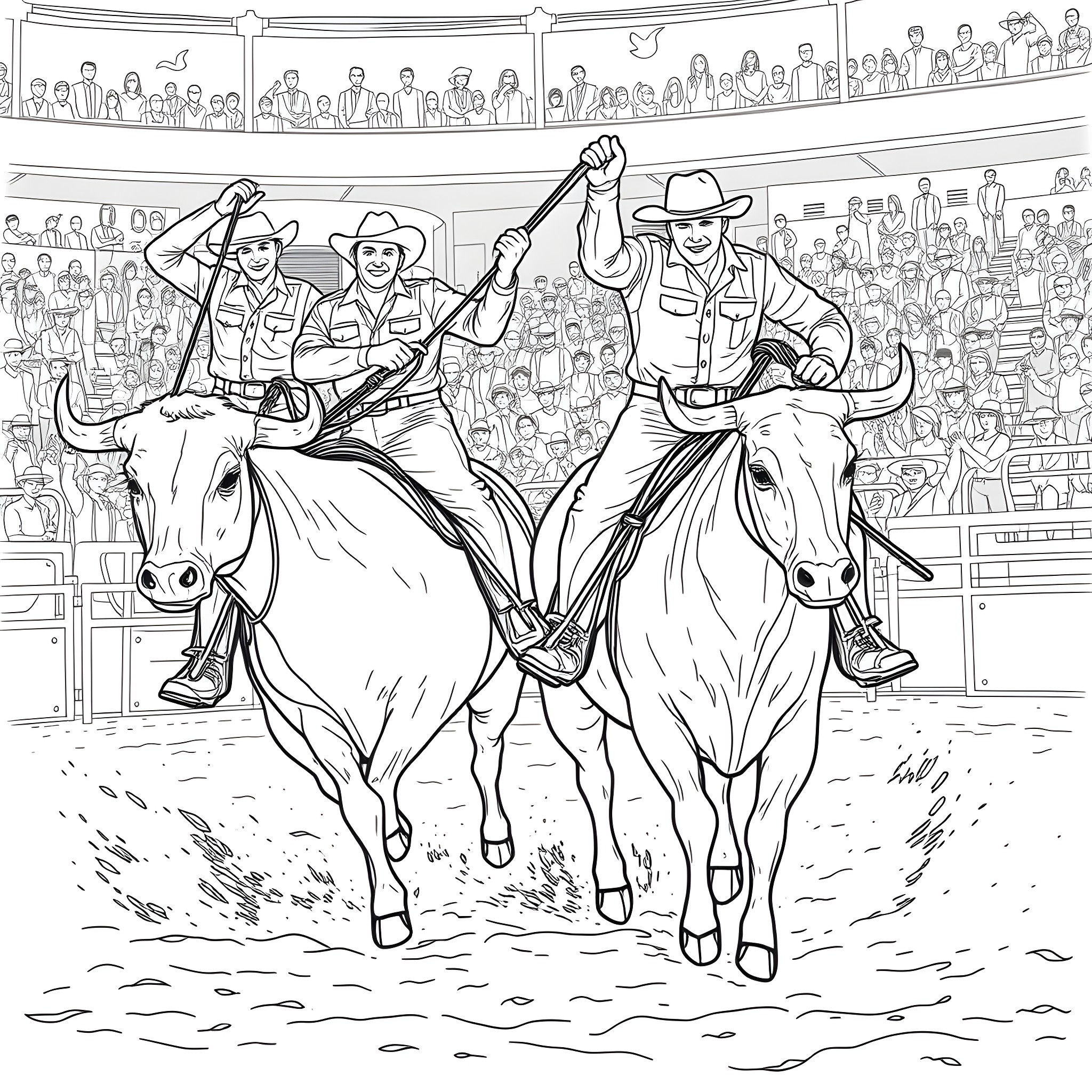 Bull Riders Competing in the Rodeo Arena Coloring Page (free black-and-white line drawing printable PDF for all, from beginners to advanced learners, including children, teens, adults, and seniors)