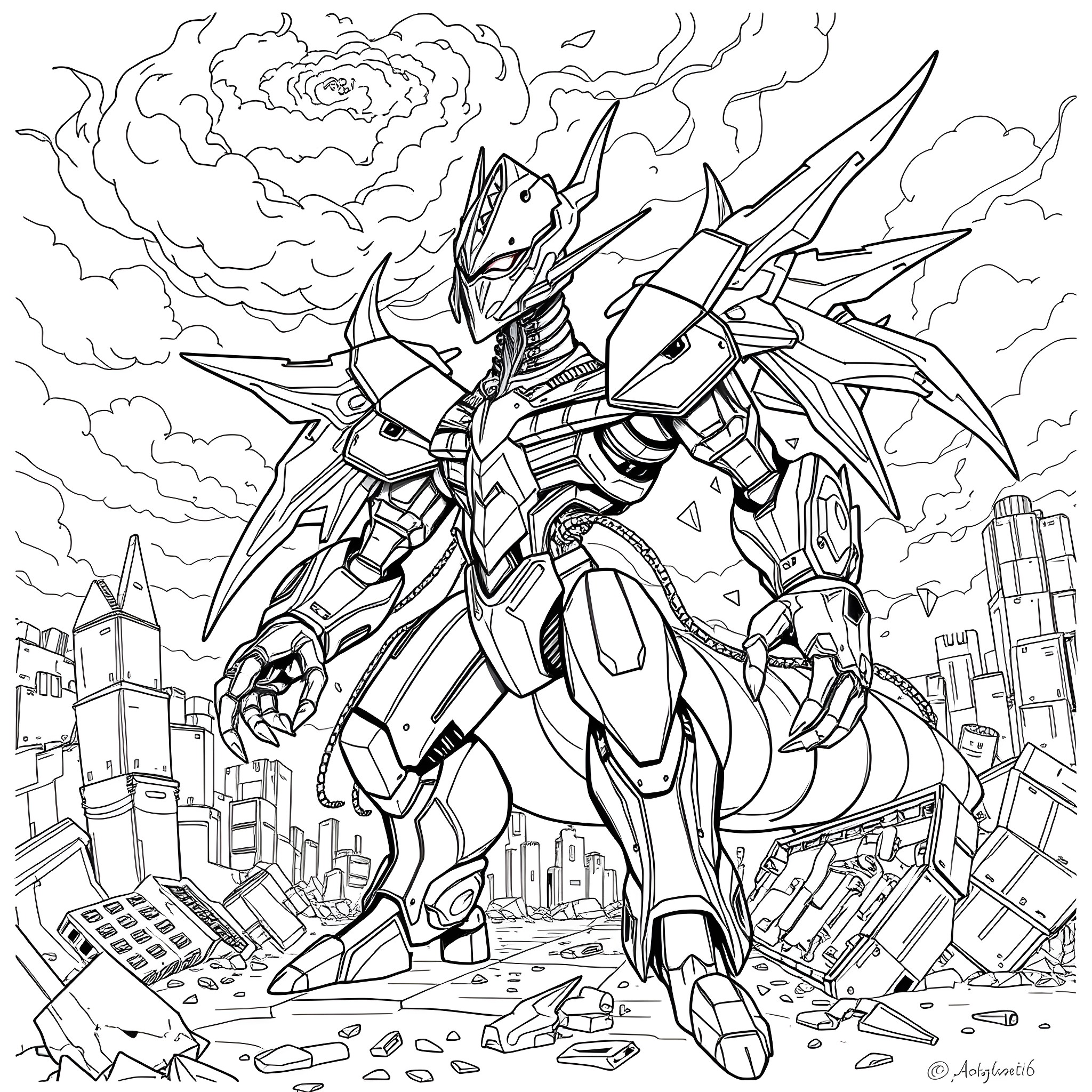 Machinedramon rampaging through the city Coloring Page (free black-and-white line drawing printable PDF for all, from beginners to advanced learners, including children, teens, adults, and seniors)
