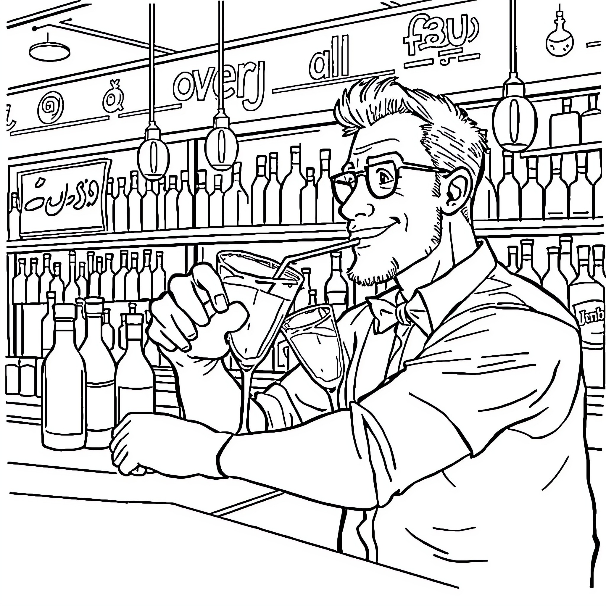 Bartender mixing drinks behind the bar Coloring Page (free black-and-white line drawing printable PDF for all, from beginners to advanced learners, including children, teens, adults, and seniors)