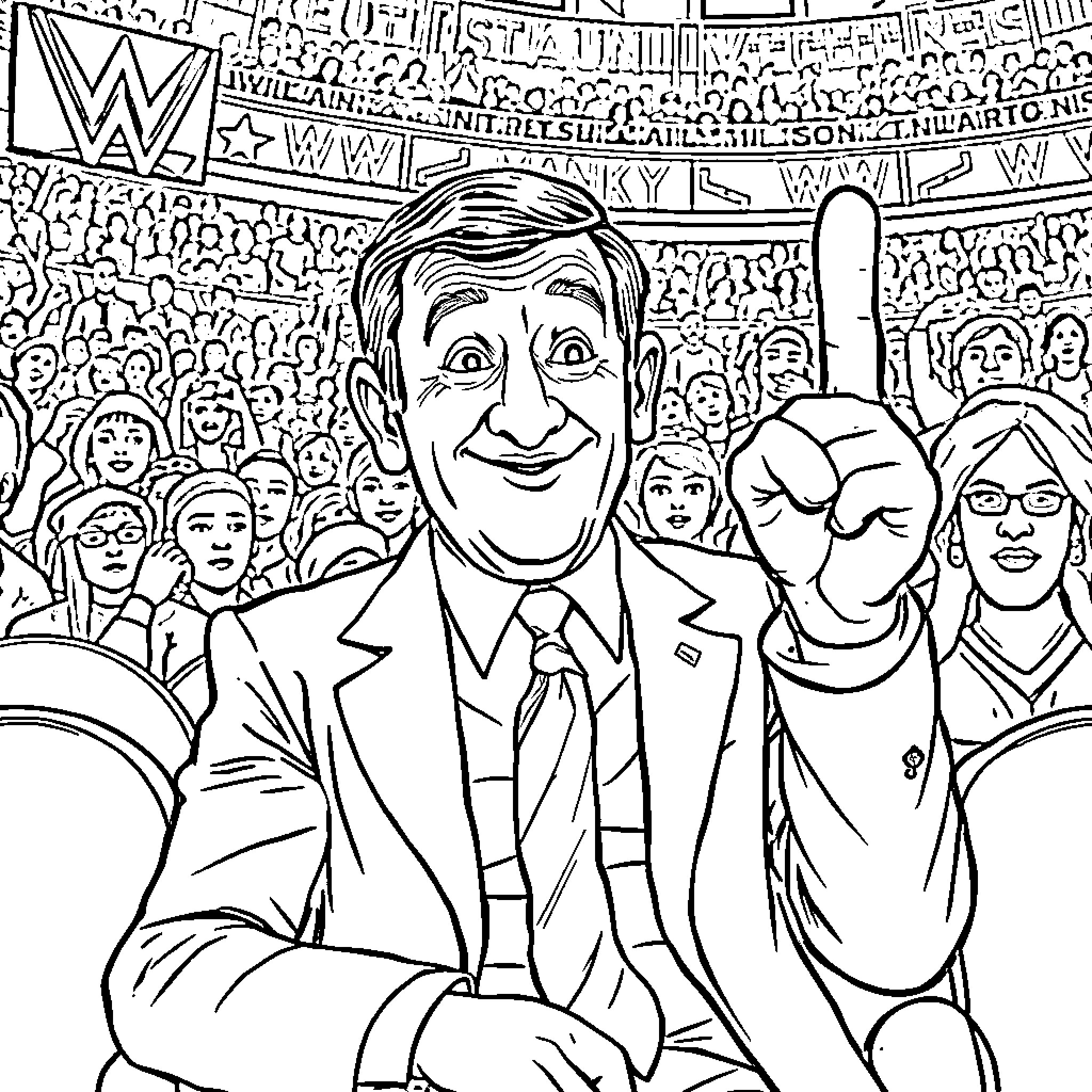 Mr Bean attends a lively wrestling match Coloring Page (free black-and-white line drawing printable PDF for all, from beginners to advanced learners, including children, teens, adults, and seniors)
