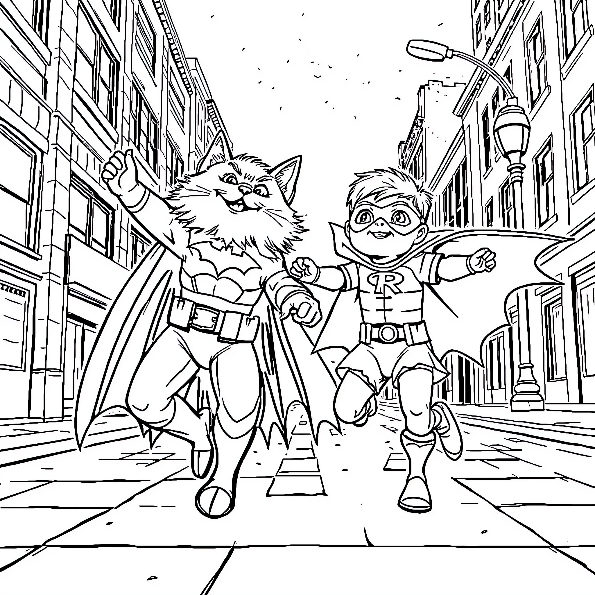 Cat and kid superheroes on city street Coloring Page (free black-and-white line drawing printable PDF for all, from beginners to advanced learners, including children, teens, adults, and seniors)