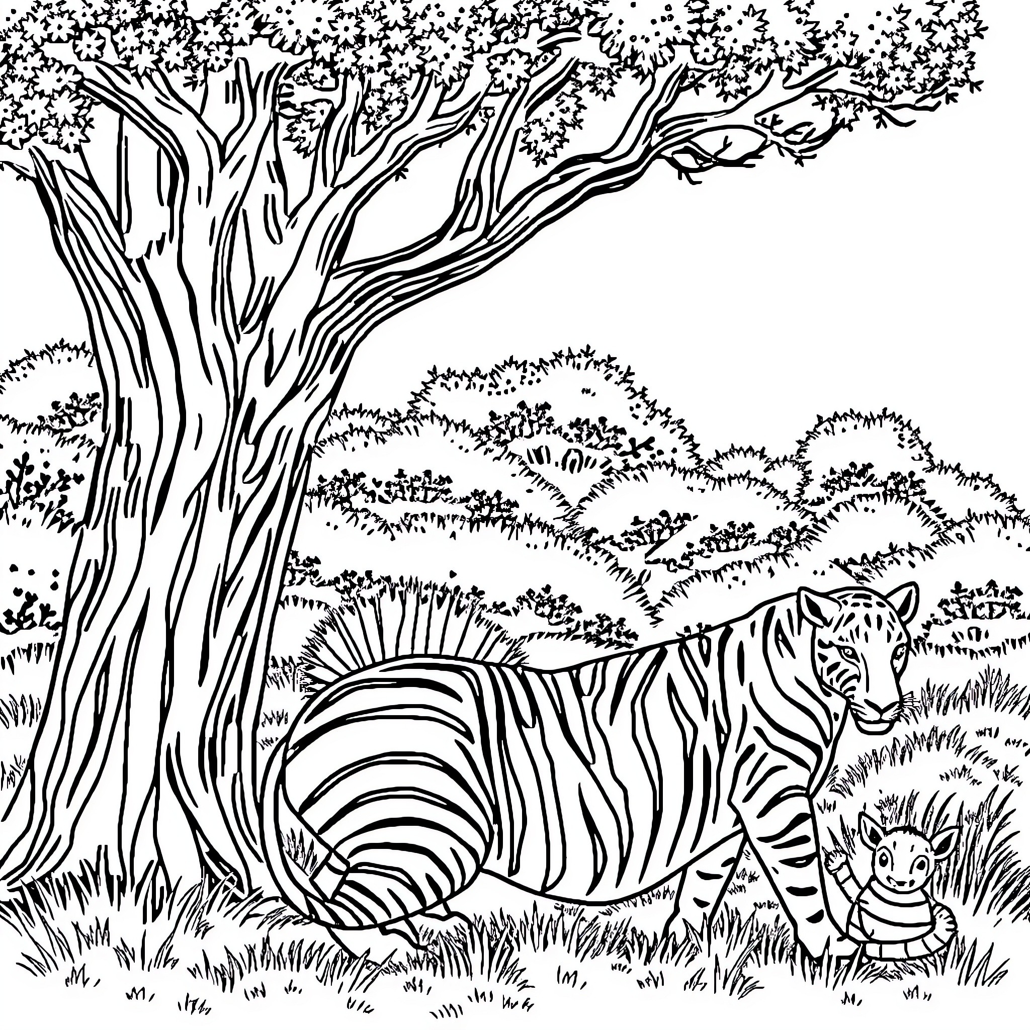 Panther resting in the lush African wilderness Coloring Page (free black-and-white line drawing printable PDF for all, from beginners to advanced learners, including children, teens, adults, and seniors)